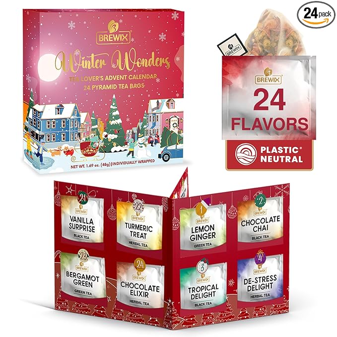 BREWIX, 2025 Advent Calendar Tea Bags | 24 Delightful Black & Green Tea Infusions in Pyramid Tea Bags - Holiday Gift Box | Christmas Gift Idea for Tea Lovers, Countdown Set | Holiday Variety Sampler for Tea Lovers