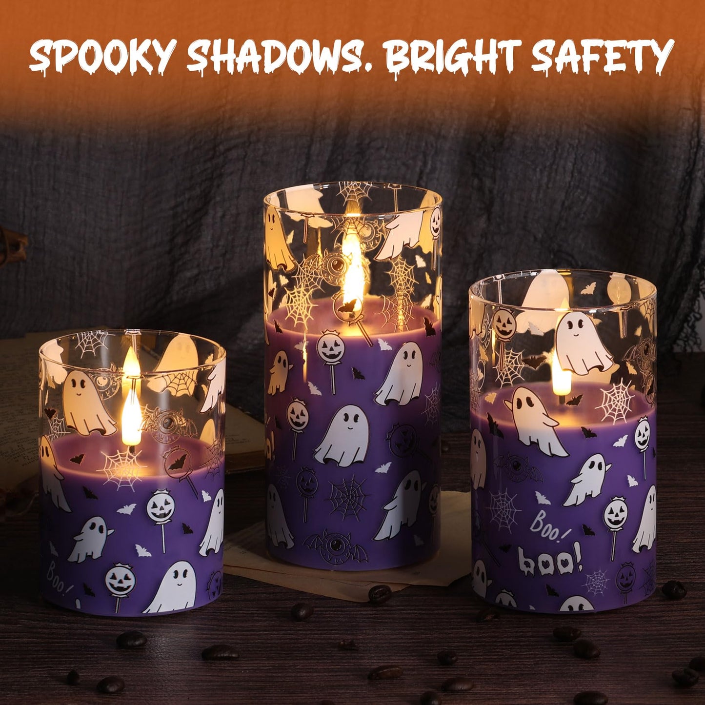Girimax Purple Glass Flameless Pillar Candles with Remote, Halloween Flickering LED Wax Candles Battery Powered Set of 3