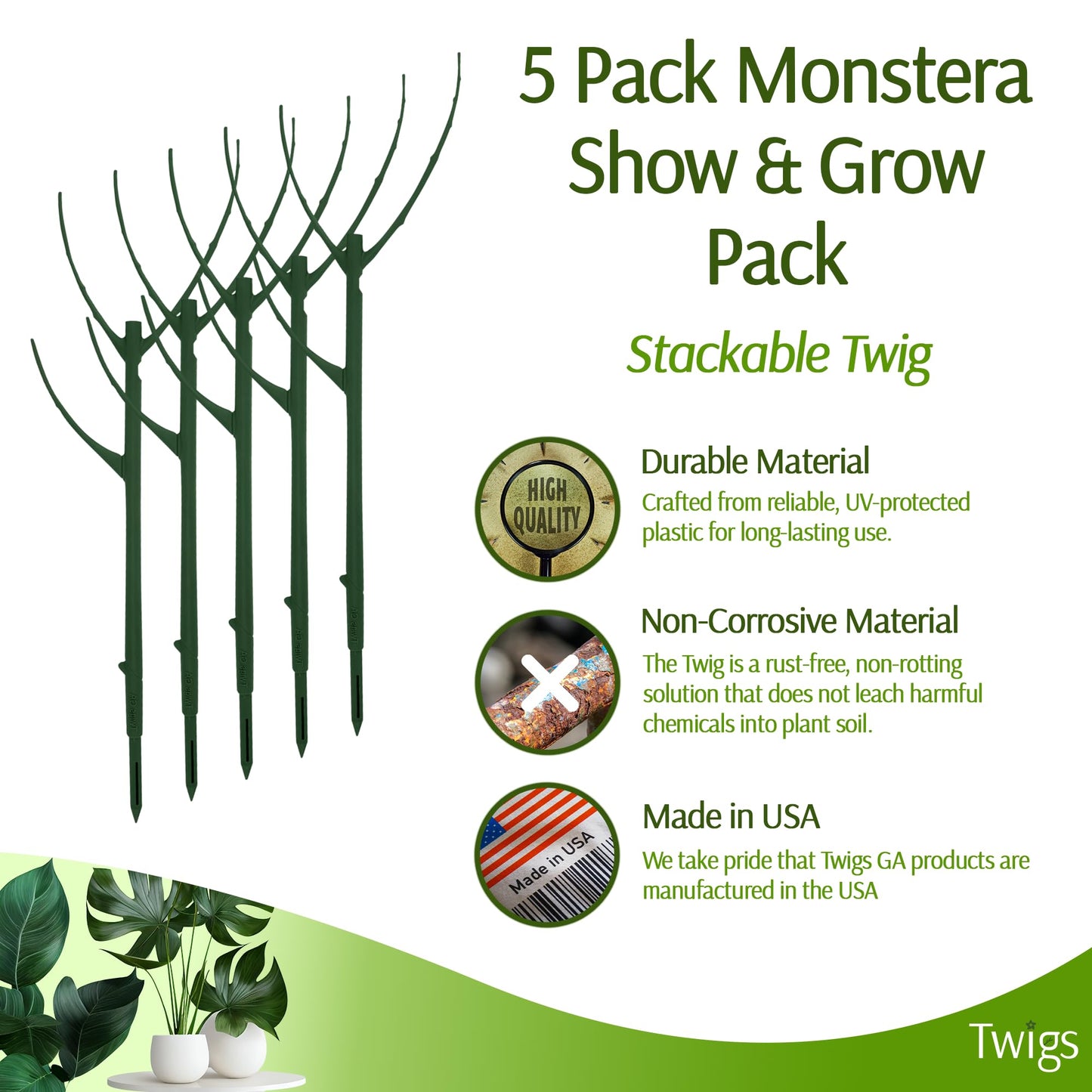 Twigs GA - Stackable Monstera Plant Support Stakes, Climbing Support for Indoor & Outdoor Use, Plant Accessories, Aesthetic Alternative to Moss Poles & Trellises – Monstera Green, 5 Pack, 17" L
