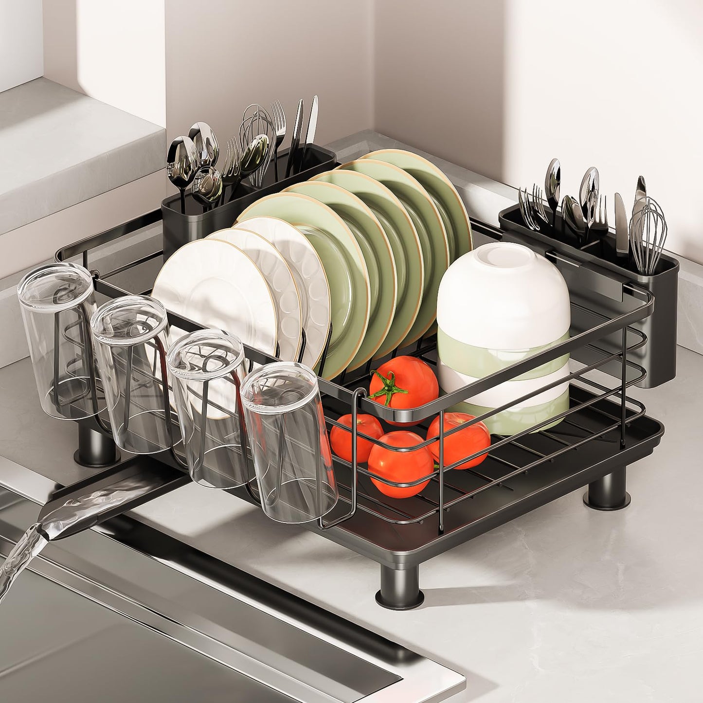 PureBox Dish Drying Rack with 2 Utensil Holders, Rustproof Metal Kitchen Counter Organizer with Cup Holder & Drain Board, Large Capacity Dish Rack for Sink, Black