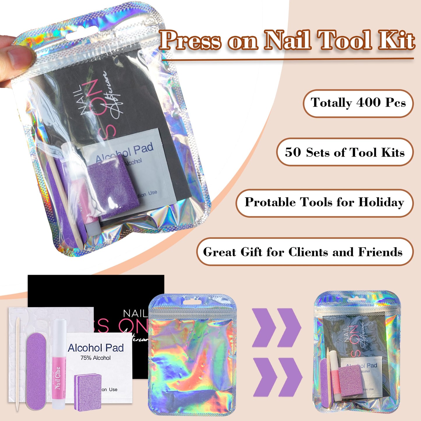 50 Set Press On Nail Tool Prep Kit for Salon Business, Disposable Manicure Kit with Nail File, Buffer, Glue, Prep Pad, Instruction Card, Adhesive Tabs, Wood Stick, Purple Packaging Bag