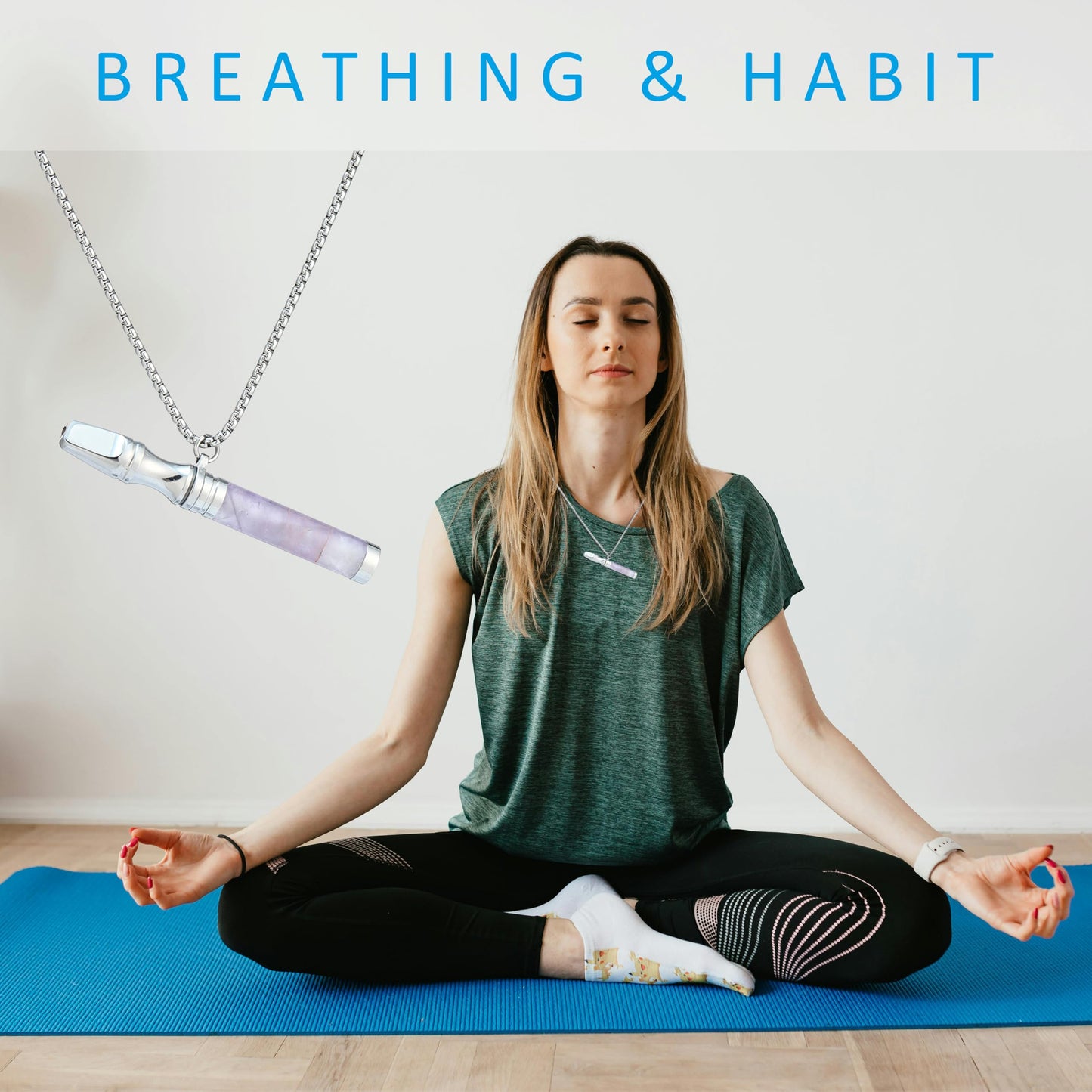 Anxiety Breathing Necklace Meditation Natural Crystal & Stone Breathe Necklace Stainless Steel Quit Vaping tools Mindfulness Pendant Stress Relief & Natural Calm (Amethyst)
