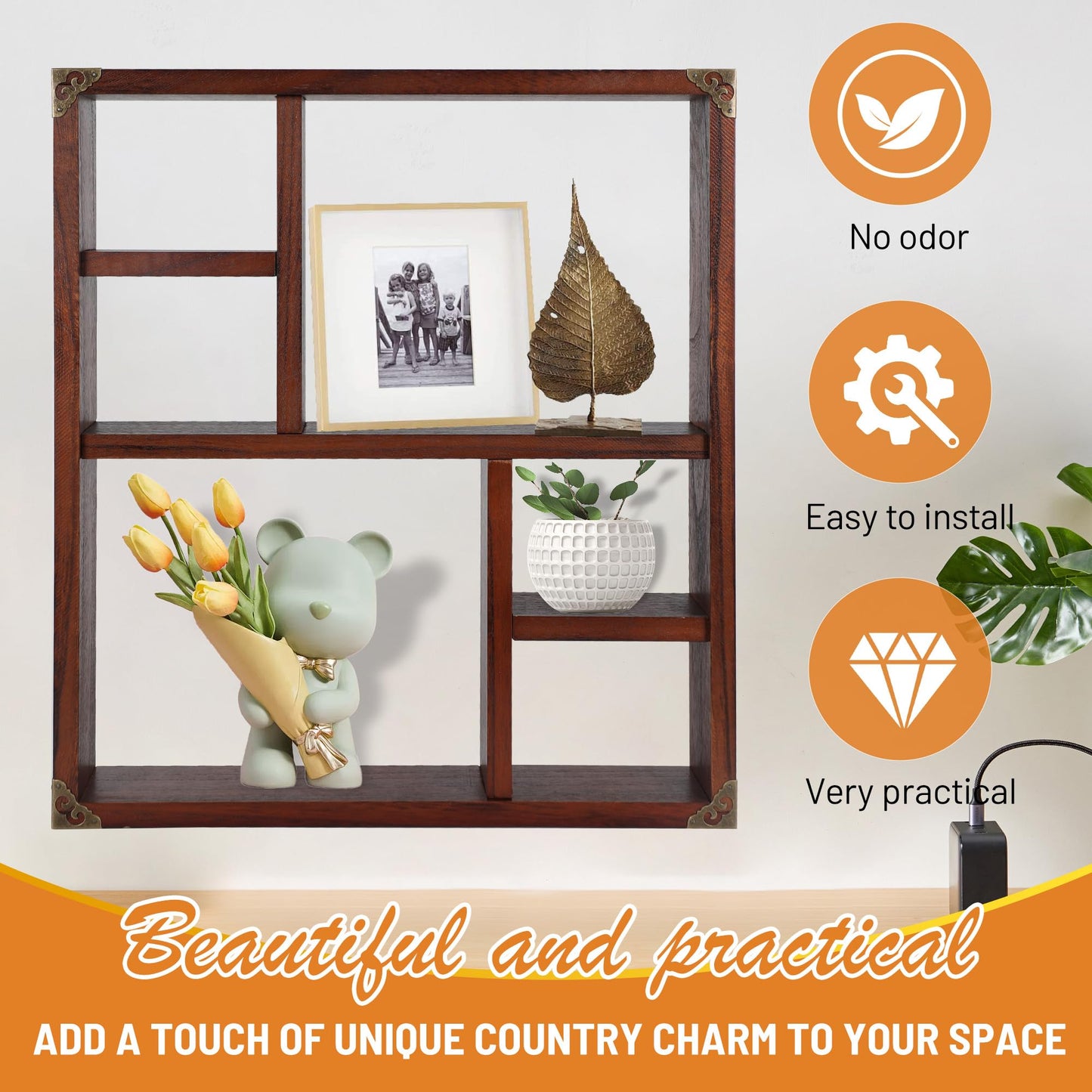 MITREL 17.7x15.7-Inch Shadow Box Display Shelf，6-Slot Rustic Floating Shelves，Larger Wood Trinket Shelf Freestanding Farmhouse Curio Shelf(6C-Rustic Walnut)