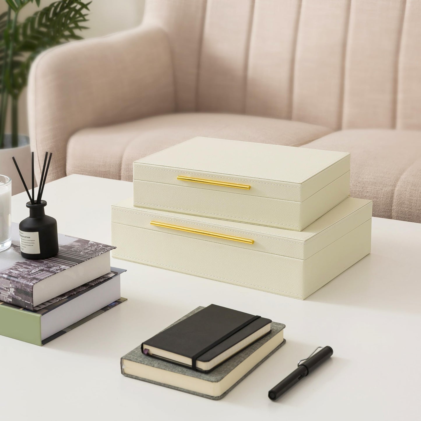 Soul & Lane Faux Leather Decorative Boxes with Lids and Gold Hardware for Home Decor, Set of 2 Stacking Hinged Boxes for Coffee Table and Living Room Shelves, Nesting Remote Control Holder, Ivory