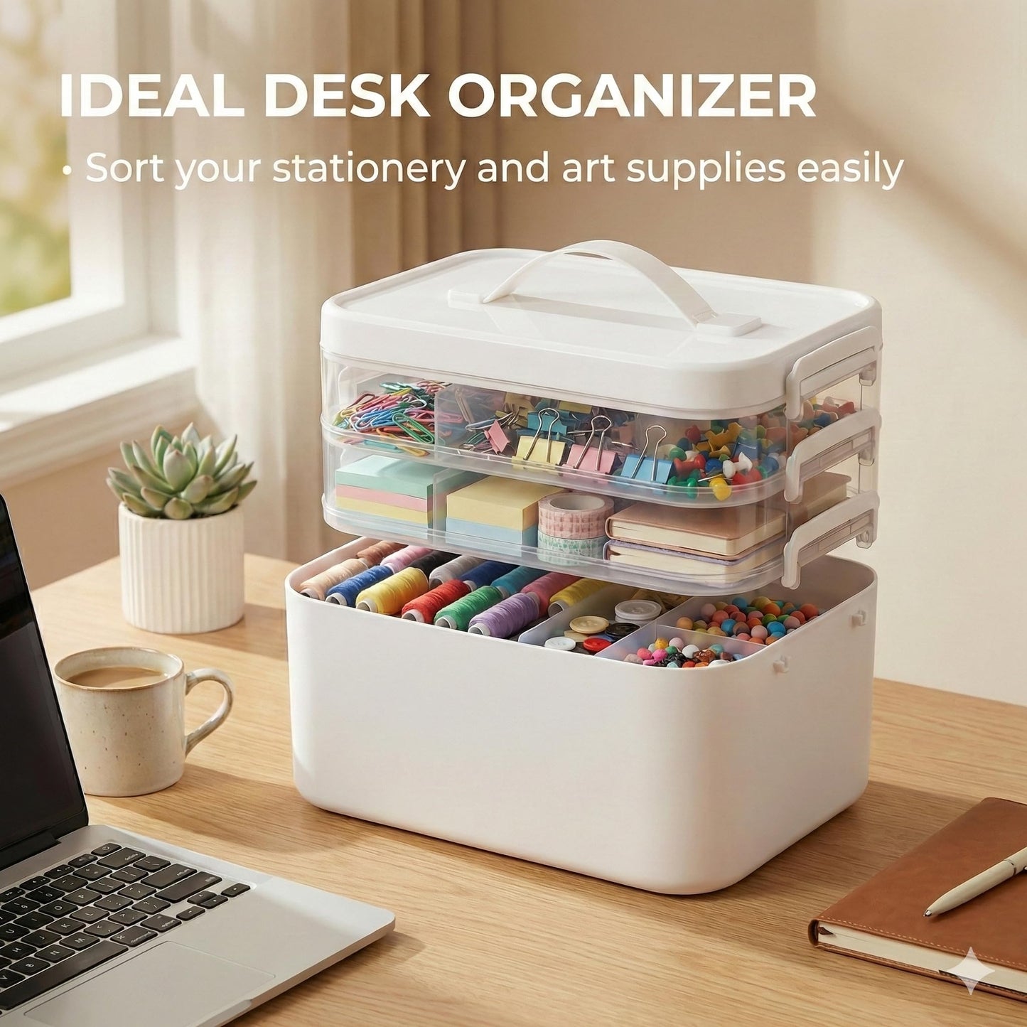 MERATIA 13.3 QT Art Supply Organizer Box with Handle, White 3-Tier Stackable Craft Storage Container with Removable Trays for Markers, Paints, Beads and Sewing Accessories 11.1''x7.7''x9.1''
