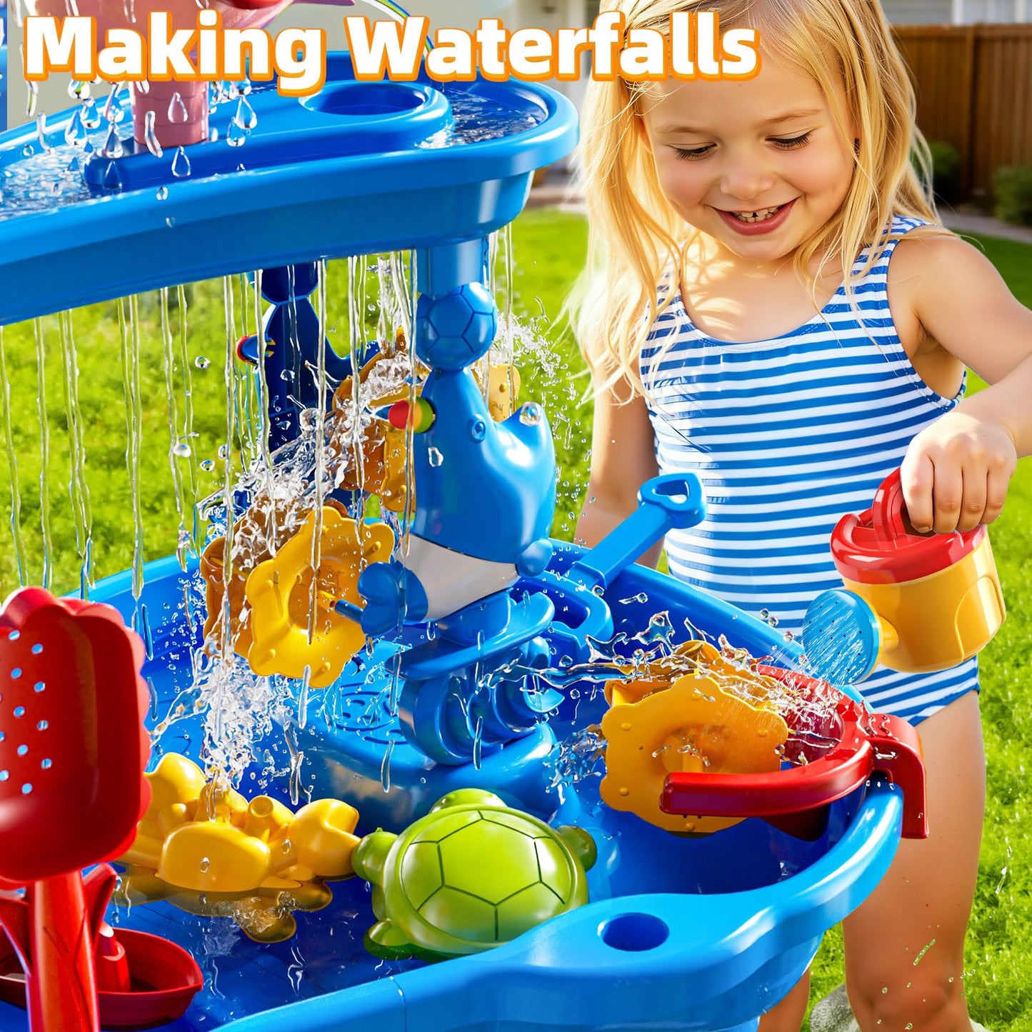 DULONIME 3-Tier Sand and Water Activity Table for Kids 3-8, Sensory Play Table with Waterfall Design & Beach Toy Set, Outdoor Backyard Playset for Toddlers 2-6, Great Birthday Present