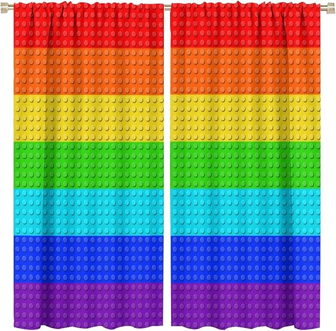 Colorful Building Block Toy Curtain Rod Pocket Children's Nursery Rainbow Contour Plastic Toy Brick Geometric Print Pattern Curtain Boys Girls Bedroom Playroom 2 Panels 84x84in