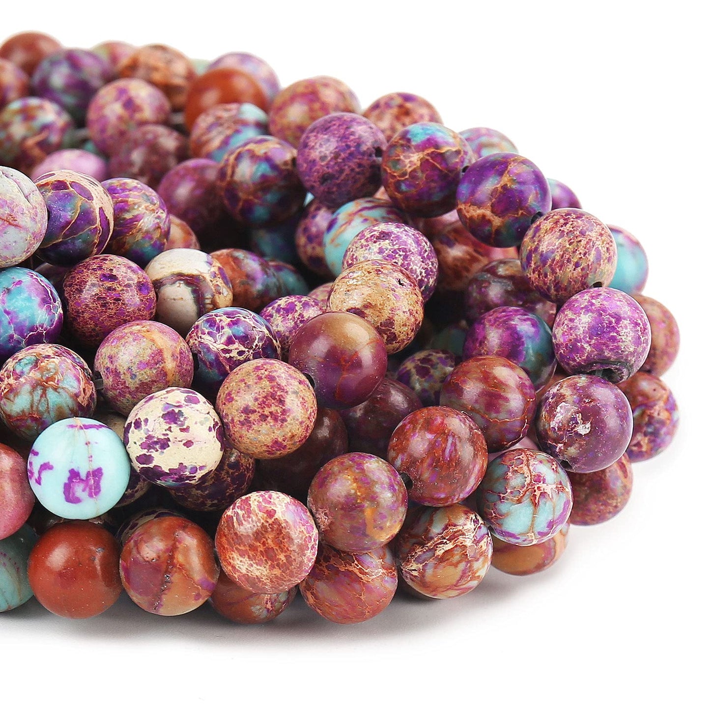70PCS Natural 8MM Healing Gemstone Colorful Imperial Jasper Energy Stone Round Loose Beads, Semi-Precious Crystal Beads with Free Elastic String for Jewelry Making DIY