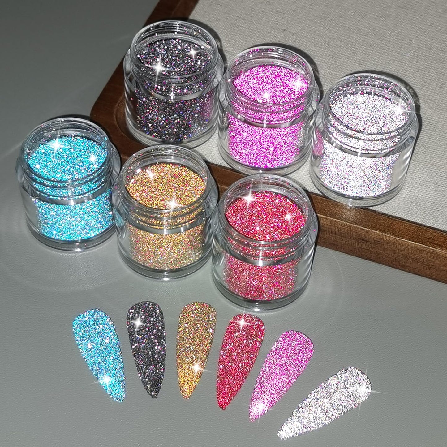 Furtherpretty Reflective Glitter Powder for Nails, 6 Colors Nail Sugar Loose Glitter Powder Set, Flash Sparkle Nail Art Dust in Pink, Silver & Champagne, DIY Manicure Accessories with Brush (#2 Flash)