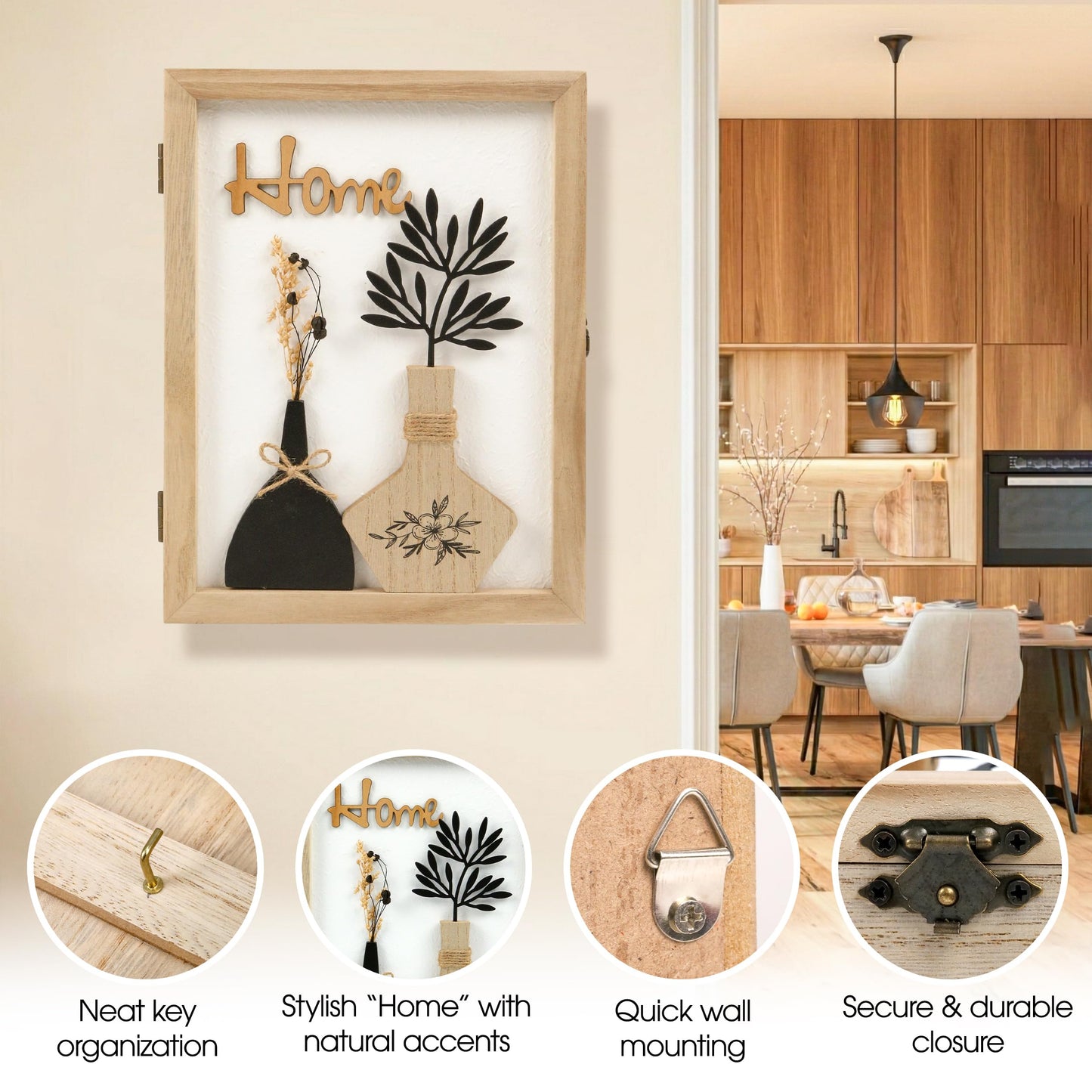 Hidden Key Holder for Wall - Wooden Key Box Wall Mount Decorative Cabinet with 6 Hooks, Rustic Beige Wood Keychain Organizer, Access Card Hangers Rack Storage for Home Entryway Hallway Office Decor