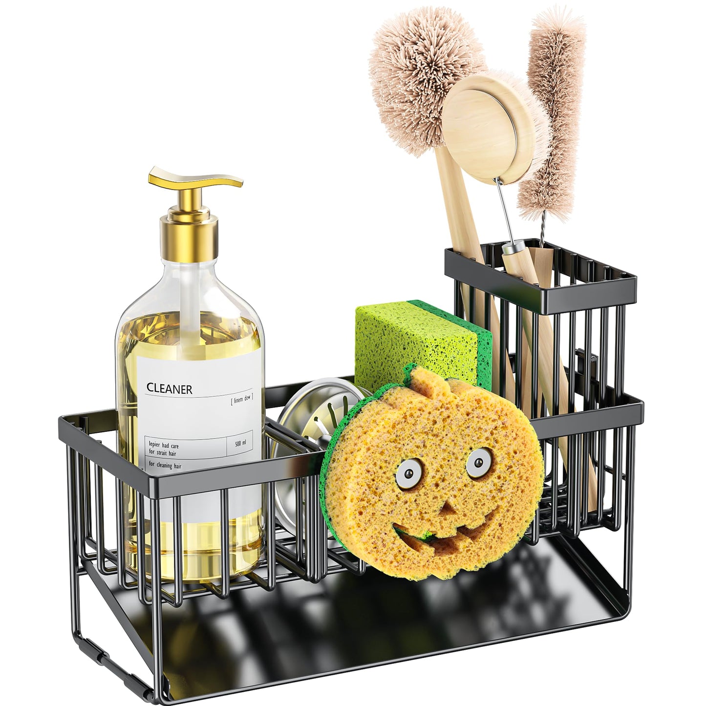 Cisily Kitchen Sink Caddy Organzier with High Brush Holder, Sponge Holder for Sink, 304 Rustproof Stainless, Kitchen Countertop Soap Dispenser Organizer (Black With Smiley Face Holder, 9.25″)