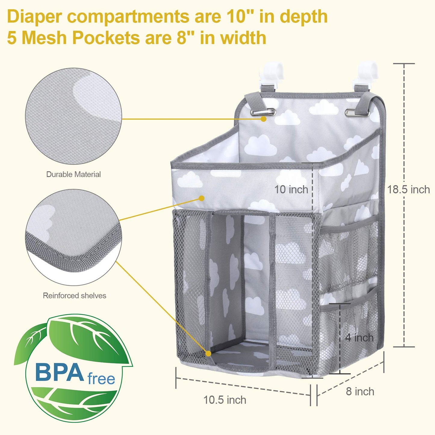 Accmor Hanging Baby Diaper Caddy Organizer, Diaper Stacker, Baby Crib Hanging Classified Storage Bag Organizer for Changing Table, Crib, Playard or Wall & Nursery Organization, Grey Cloud