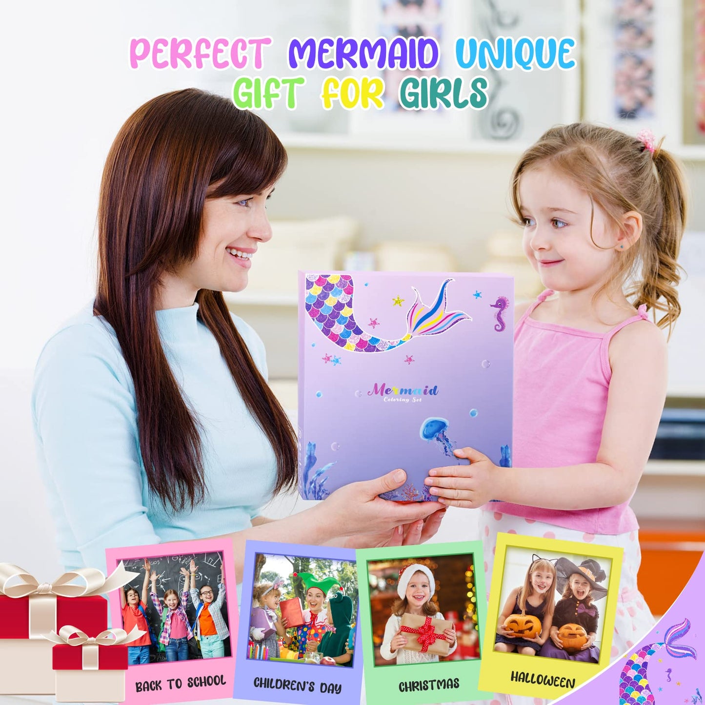 MAIGOZON Mermaid Art Craft Kit for Kids, 56 Piece Set with Pencil Case, Markers, Crayons, Gel Pens, Erasers, Stencils, Ruler