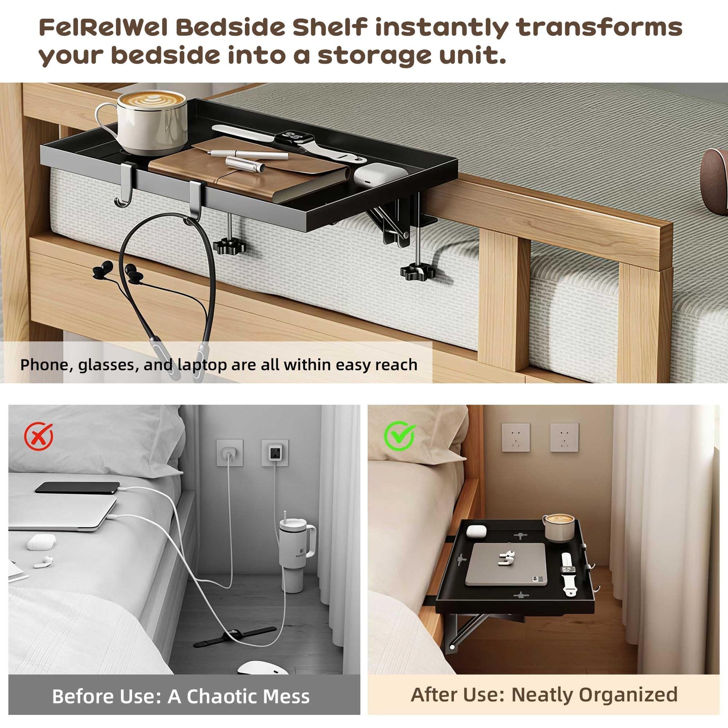 FelRelWel Foldable Bedside Shelf, Extra Large Floating Tray Table for Dorm Room & Bunk Bed, Side Table with 3 Cord Holes,College Dorm Room Essentials for Max 15.6" Laptops (15.7" x 11.8", Black)