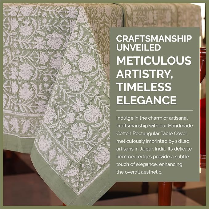 Labhanshi Indian Block Print Pre-Washed Cotton Floral 72x108 Inch Rectangle 8-Seater Table Cloth|Kitchen Dining Table Top Cover|Boho Rustic St. Patrick Spring Easter Table Cloth|Sage Green
