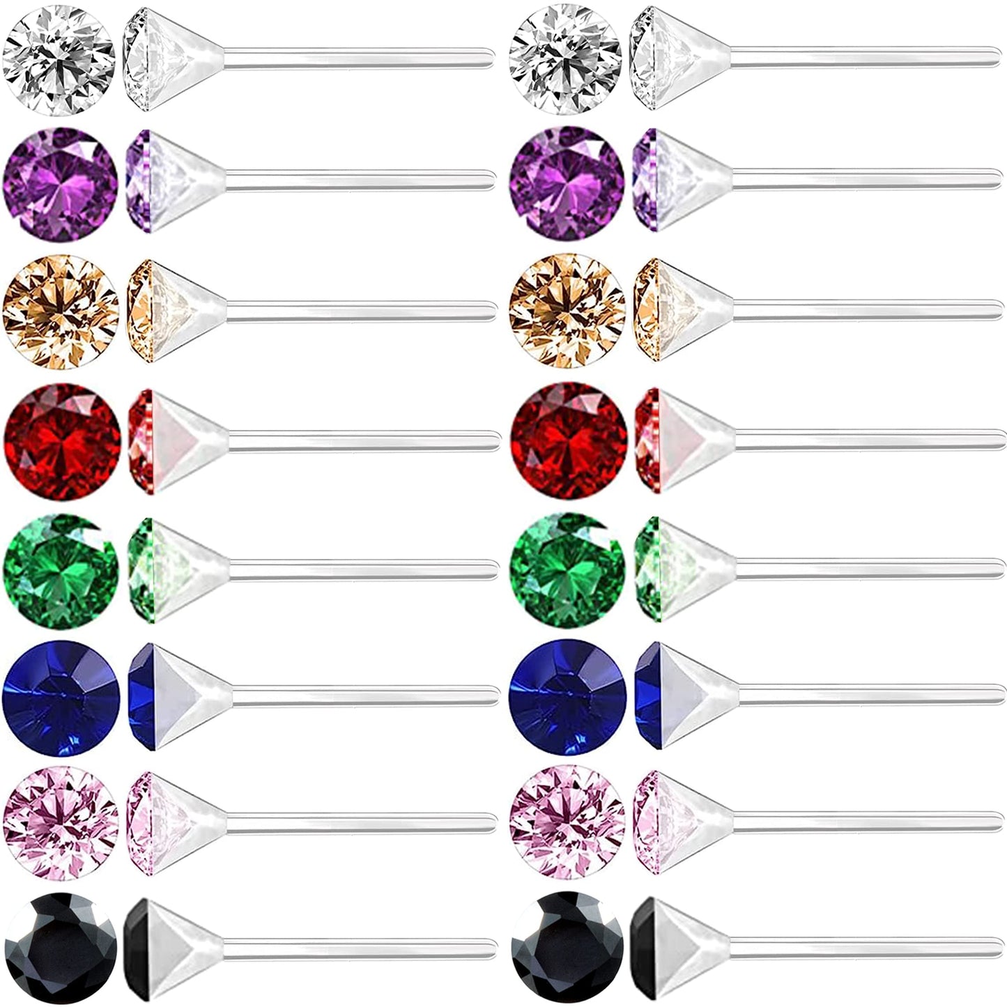 OwlkOrmy 8 Pairs Anti Allergy Plastic Earrings for Sensitive Ears & 8 Pairs Silicone Soft earring backs, Birthstone Cubic Zirconia Stud Earrings Kit 2mm 3mm 4mm 5mm in one Set (8-in-1 color)