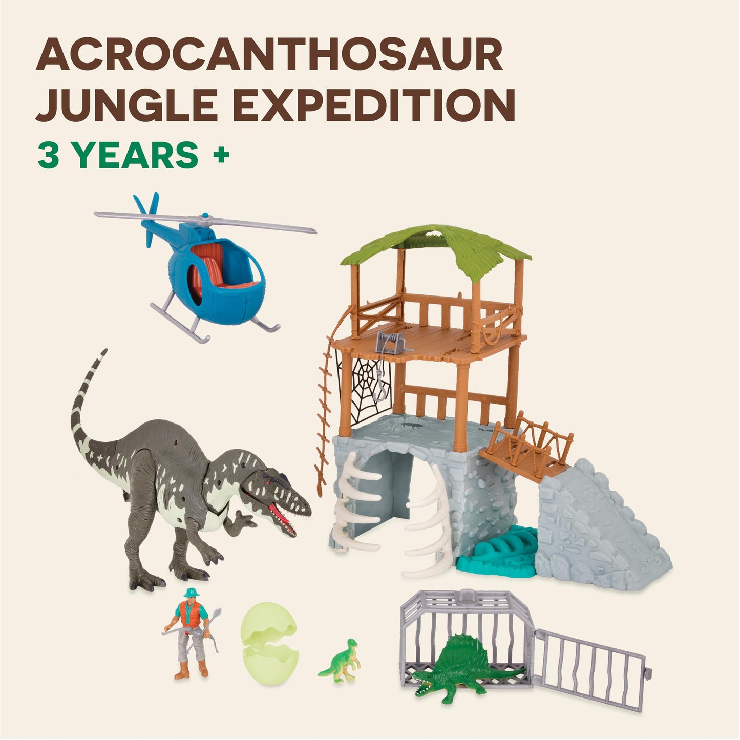 Terra by Battat – 13 Pieces Jungle Expedition Big Playset – Electronic Dinosaur with Light– Up Eyes – Movable Roaring Acrocanthosaurus & Helicopter with 2 Surprise Dinosaur Toys for 3+ Years