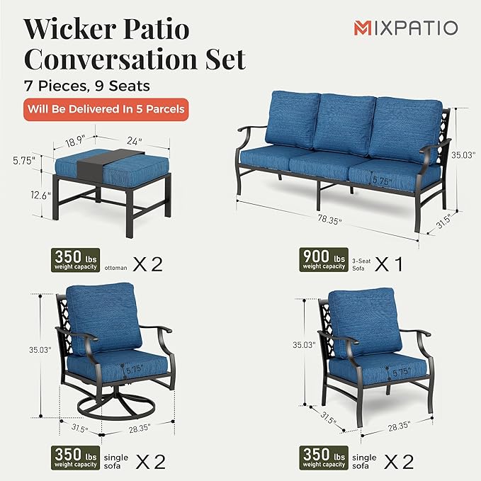 Patio Furniture Set 7 pcs, Outdoor Patio Furniture, 3-Seat Sofa, 2 Swivel Chairs, 2 Single Chairs, 2 Ottomans and 5.75" Extra Thick Cushion, Conversation Set for Deck,Gemstone Blue