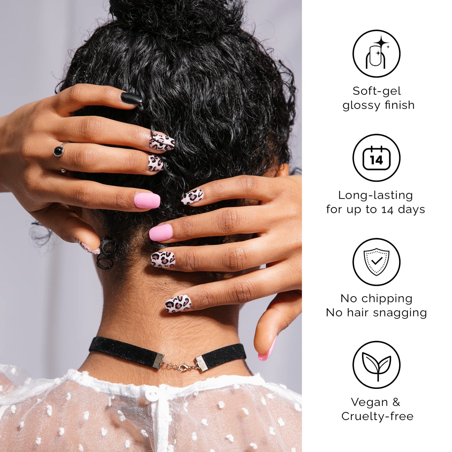 NAILOG Semi Cured Gel Nail Strips (20 Extra Long Polish Stickers/Wraps) │ Glossy & Long Lasting Soft Gel Finishing │Pink Leopard