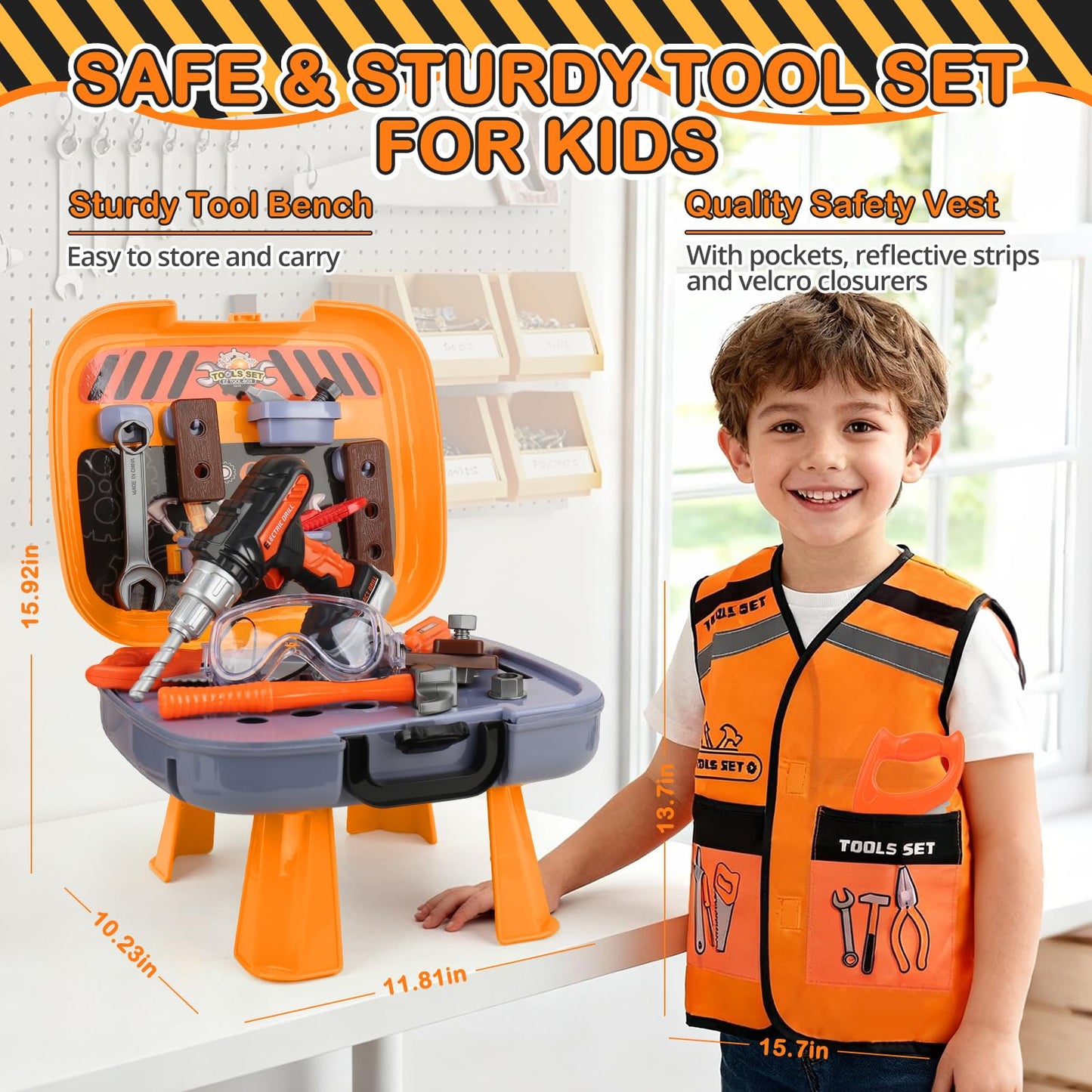 Toddler Tool Set for Age 3-5 Kids Tool Set with Tool Box and Toy Drill, Pretend Play Toy Tools Kids Construction Tools Bench for Toddlers Boys Toys 3 Year Old Gifts