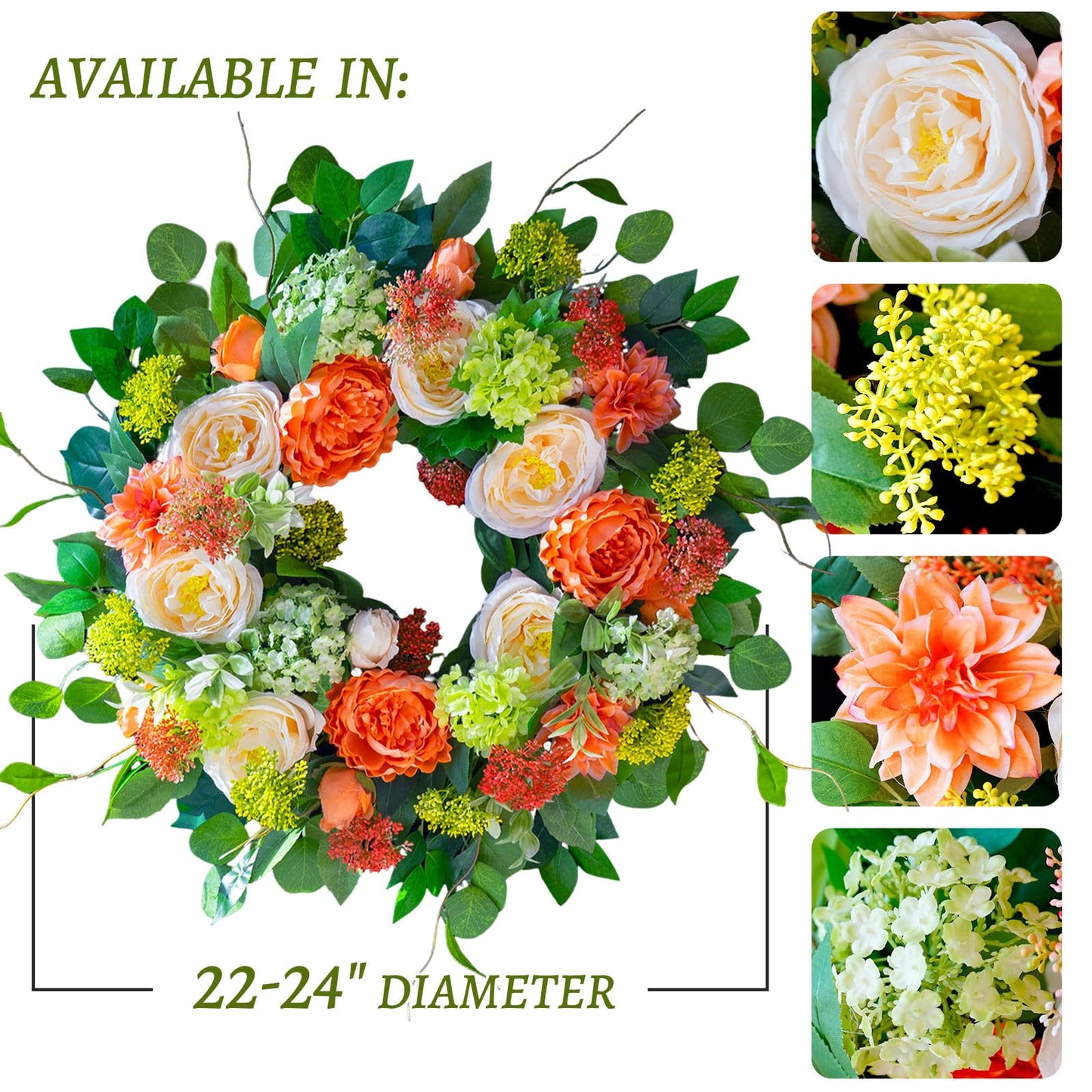 CHvista Spring Wreaths for Front Door Outside 24 Inch Luxury Summer Wreath with White Rose Flowers,Pink Dahlia & Green Hydrangeas,Lush Greenery Spring Front Door Wreath for Home,Wall,Porch Decor