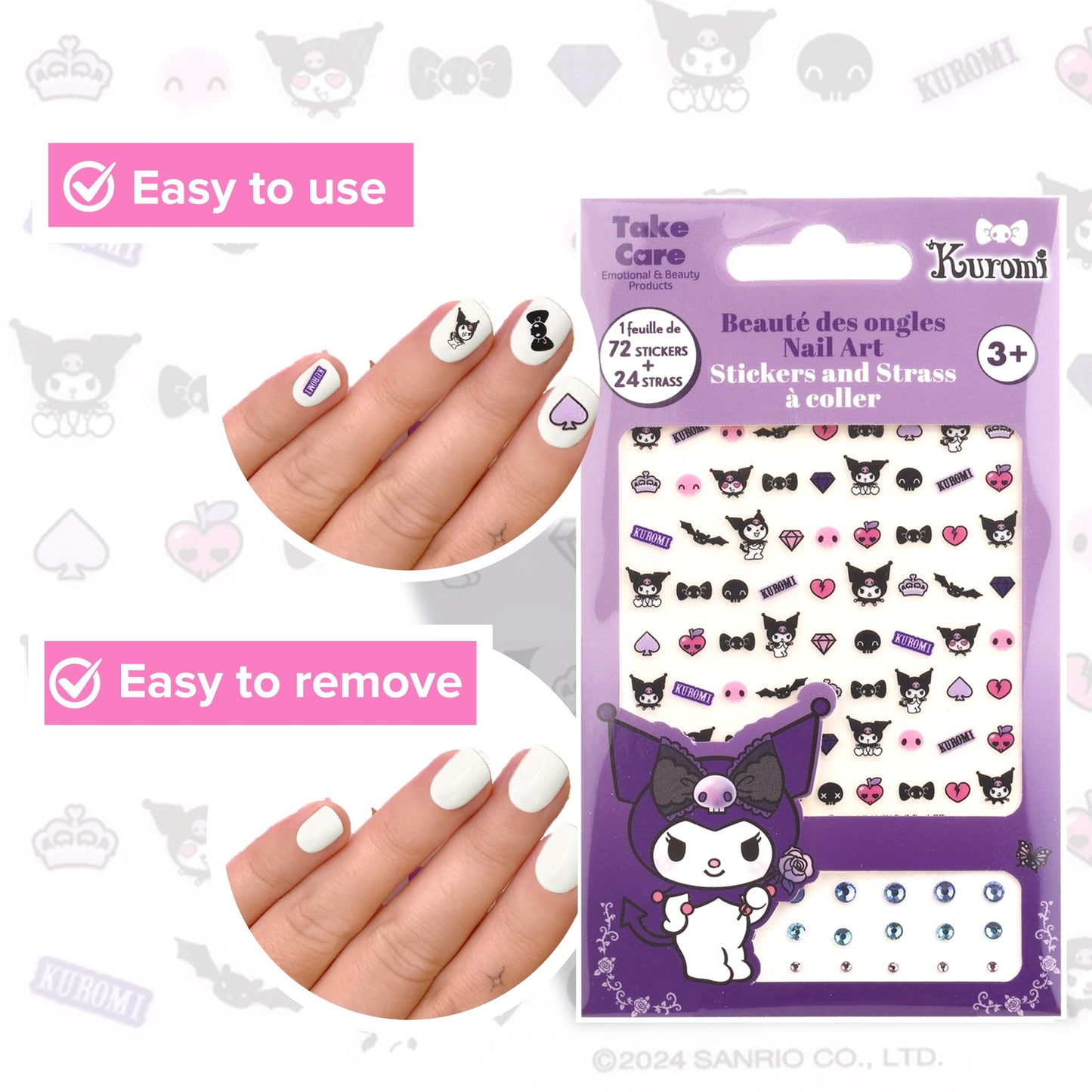Kuromi Nail Stickers – 1 Sheet with 72 Stickers + 24 Rhinestones – Self-Adhesive Nail Art for Girls – Fun Activity & Gift Idea for Birthdays, Crafts, Party Bags and Playdates