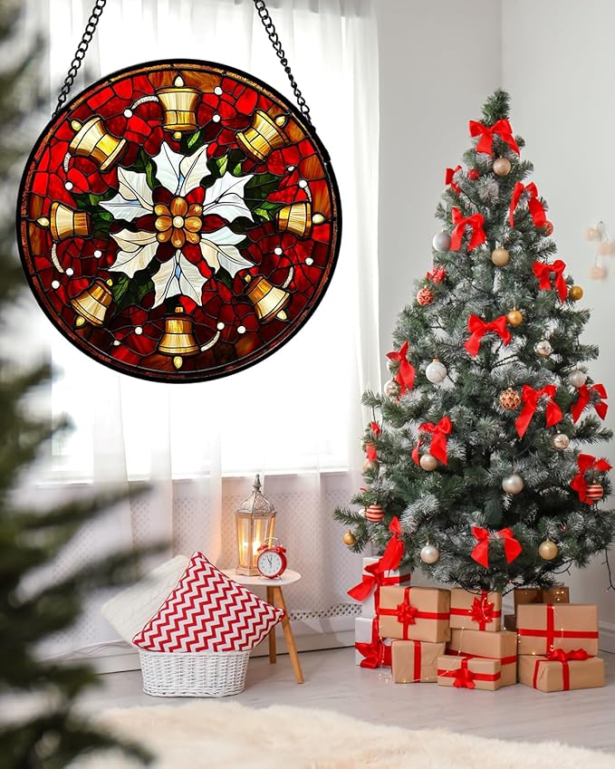 Stained Glass Window Hanging - Golden Bells Flowers Suncatcher for Doors Home Christmas Decoration Winter Sun Catcher Thanksgiving New Year Birthday Gift for Friend Women Men Mom Nana 11.8 in