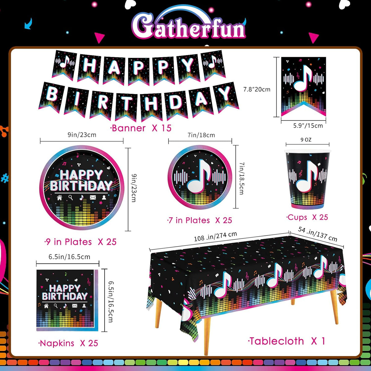 Music Party Supplies Disposable Paper Plates Napkins Cups Tablecloth and Banner for Girls Boys Music Party Birthday Decorations, Serve 25.