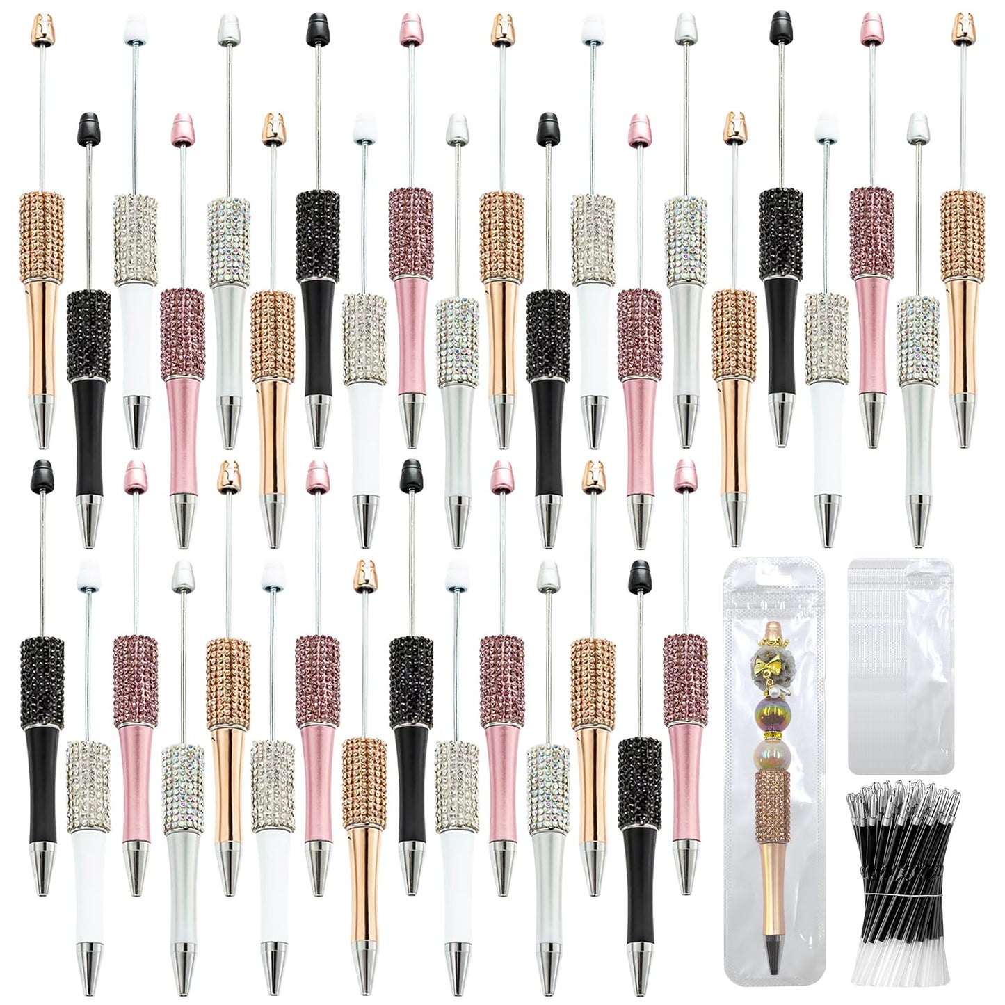 DASTTUIS 150 Pcs DIY Diamond Beadable Pen Kit - 50 Plastic Rhinestone Beaded Pens Bulk with Refills & Bags - Fancy Cute Glitter Pens for Crafting, Students & Teachers – School Supplies (Advanced)