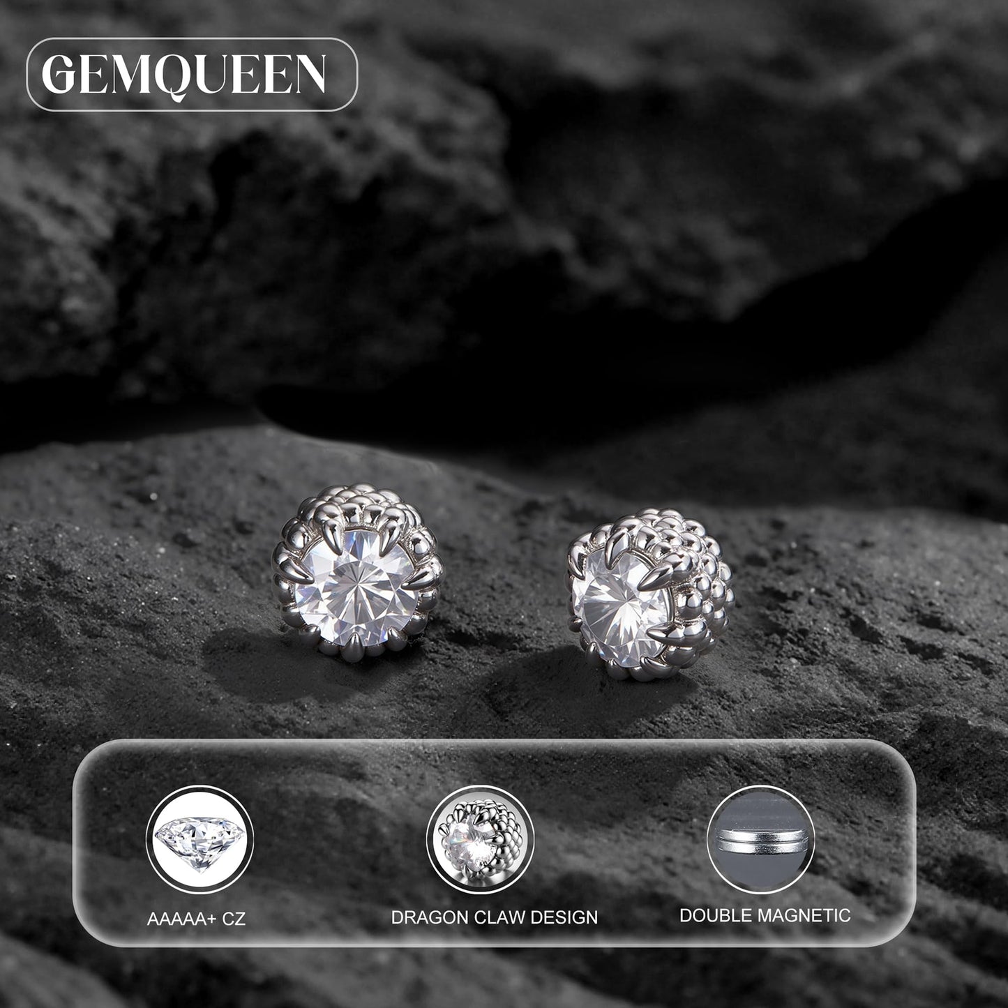 GEMQUEEN Magnetic Earrings for Men Women - 5A Shiny CZ Dragon Claw Punk Hypoallergenic Stainless Steel Non Piercing Clip on Fake Earrings Studs Silver 5MM Not Easy to Fall