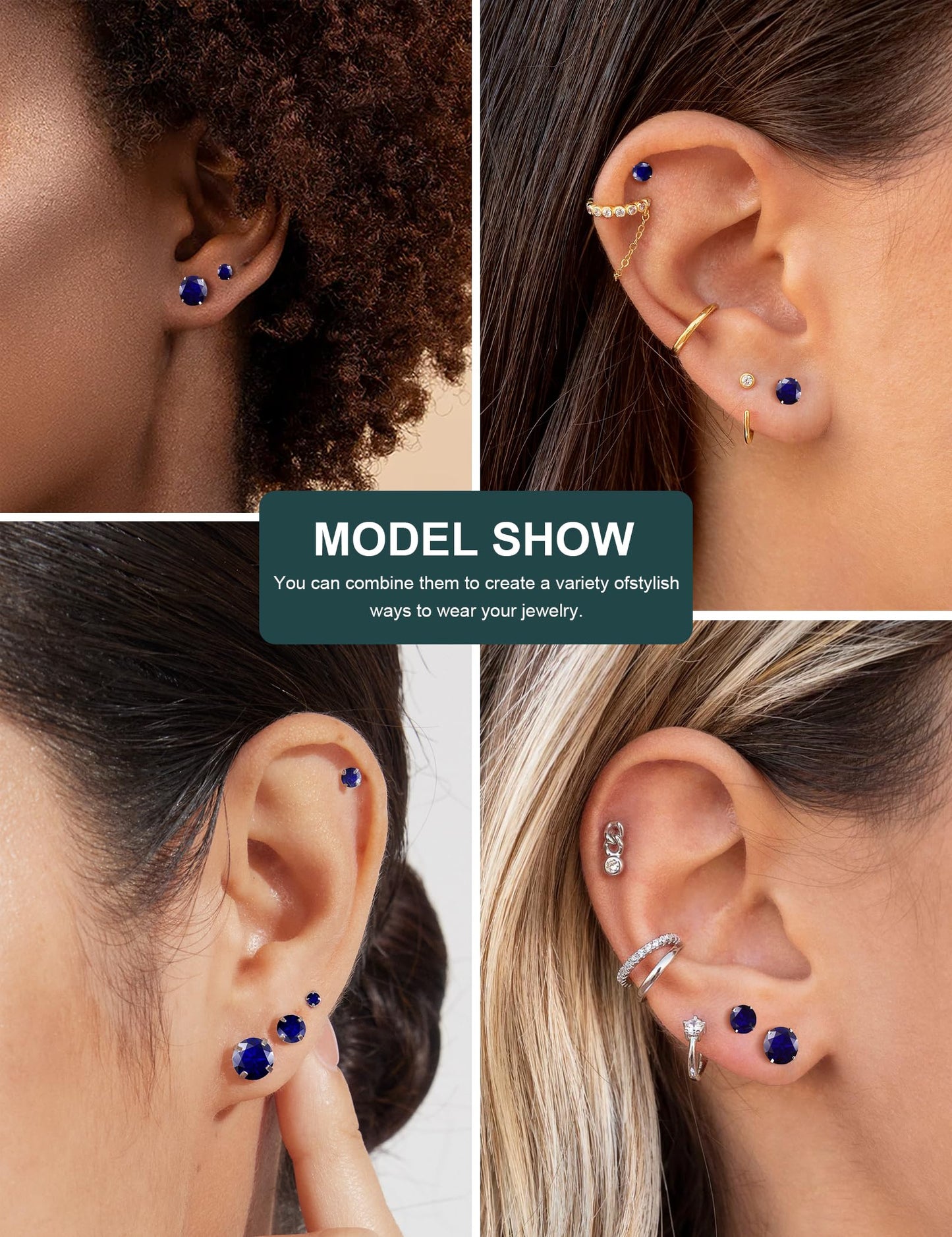 6 Pairs Stud Earrings Set Hypoallergenic Cubic Zirconia 316L Earrings Stainless Steel Earrings for Women (Blue)