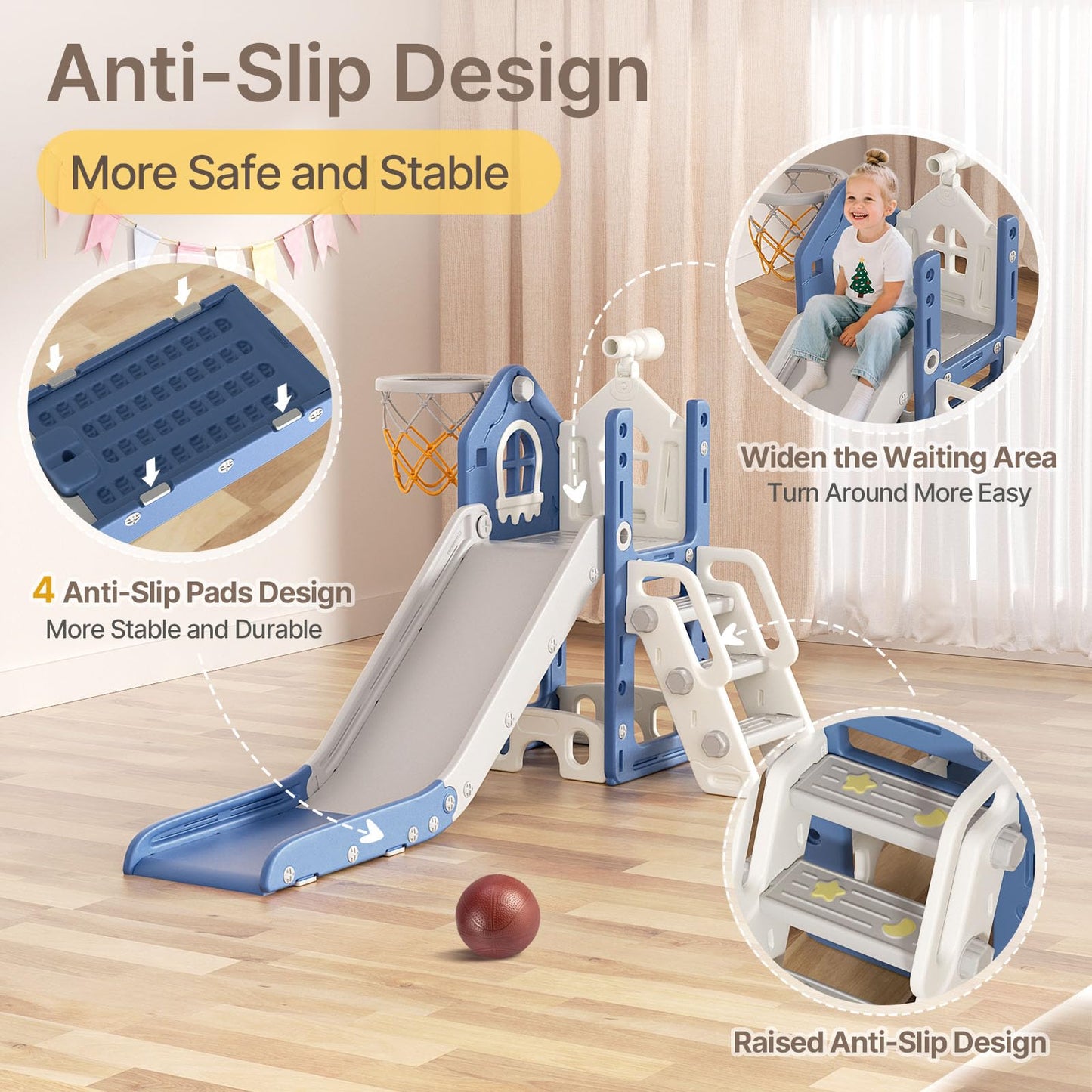 BIERUM 6 in 1 Toddler Slide - L-Shaped Baby Slide for Toddlers Aged 1-3 with Basketball Hoop, Telescope Toy and Anti-Slip Pads, Indoor Outdoor Toddler Playset, Blue Gray