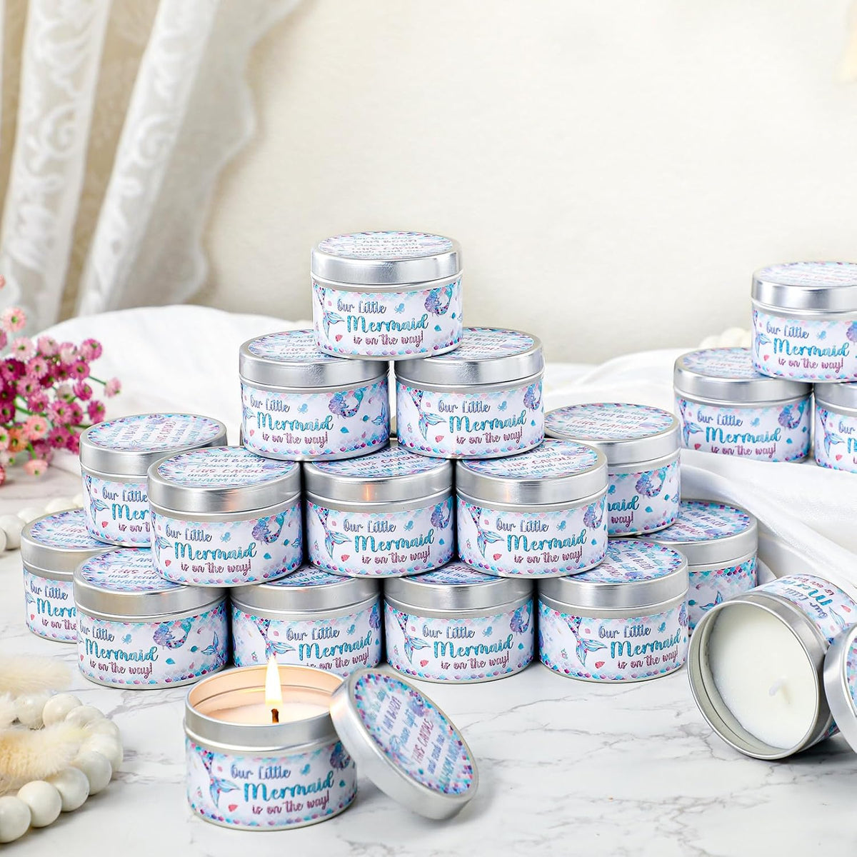 MTLEE 24 Pcs Mermaid Baby Shower Party Favors Candles Lavender Scented Baby Shower Favors for Guests Rustic Tealights Candles Gender Reveal Return Gifts Girl Boy(1.2 Oz, Colorful)