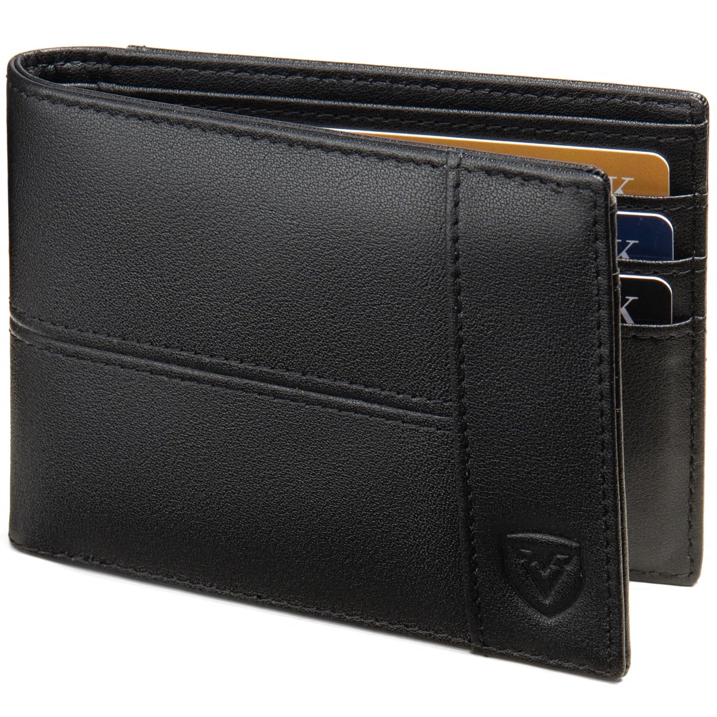 VEESKYE Full Grain Leather Wallet for Men | RFID Blocking | Extra Capacity Bifold Wallet with ID Windows | Ultra Strong Stitching | Slim Billfold with 8 Card Slots | Gift for Him Black