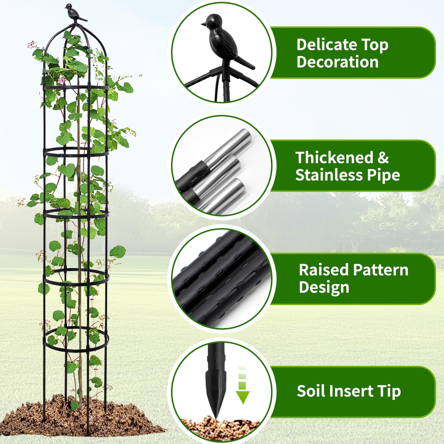 6.7FT Garden Obelisk Trellis for Climbing Plants,Adjustable 5-Tier Metal Plant Support,Rustproof Outdoor Plant Tower with 3 Decorative Tops for Roses,Tomatoes,Clematis & Vines,Black