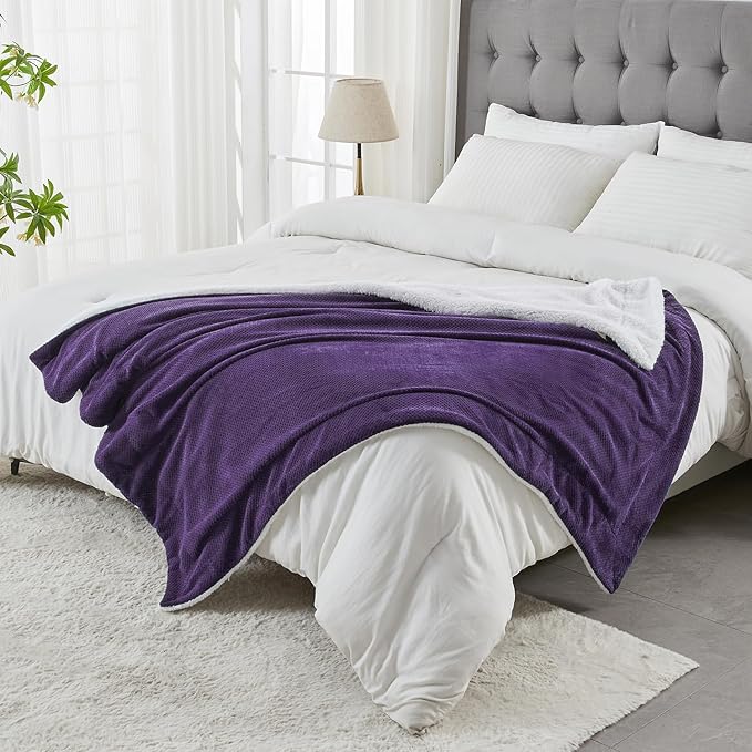 SOCHOW Waffle Sherpa Fleece Throw Blanket, Super Soft Fuzzy Warm, Lightweight Fluffy Reversible Plush Blanket for Bed Sofa Couch, 50 x 60 Inches Dark Purple