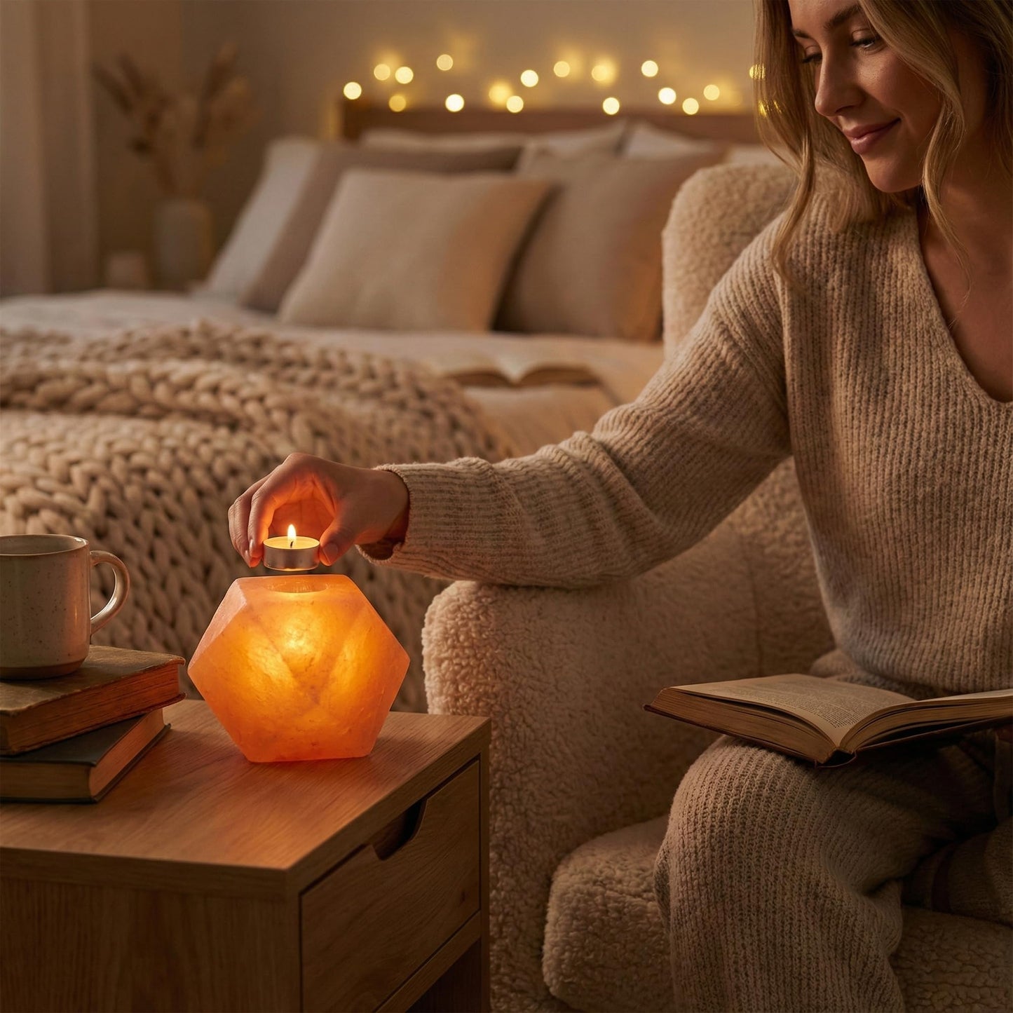 Himalayan Natural Salt Candle Holder – Premium Diamond Design, Hand-Carved Crystal, Includes 6 Tea Light Candles, Nice Glow for Home Décor, Meditation, Spa & Gifts