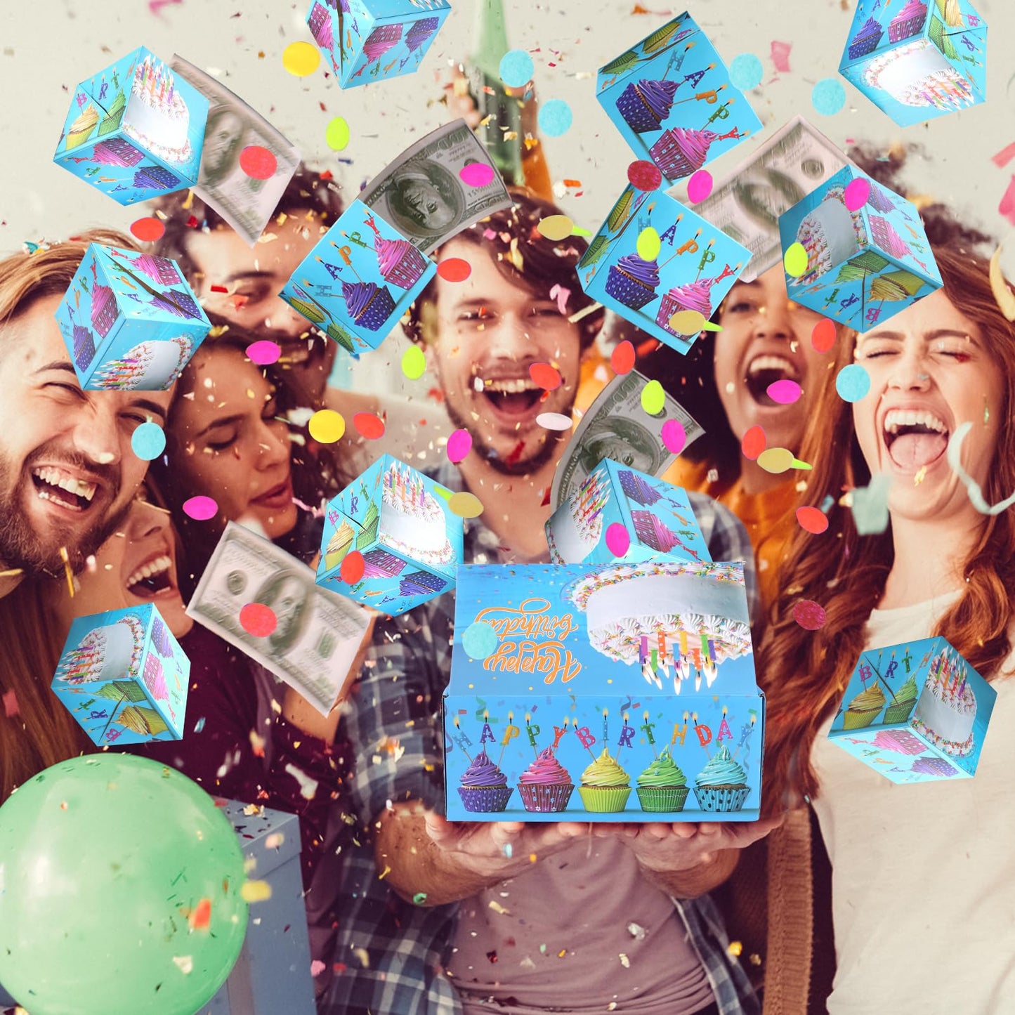 BABORUI Birthday Surprise Box Gift Box for Money, Happy Birthday Surprise Gift Box Explosion with Confetti, Seeroze Exploding Gift Box for Men Women Kids(Blue)