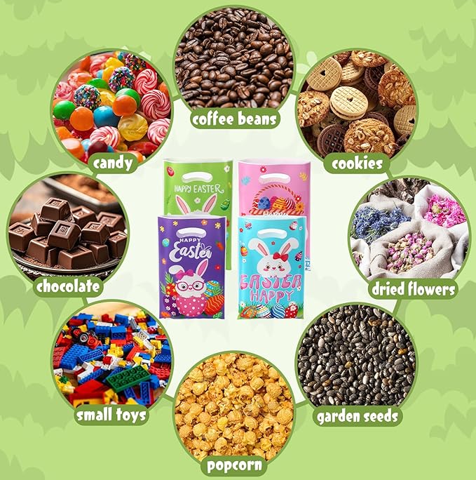 Easter Treat Bags with Handles, 50Pcs Colorful Bunny Treat Bags Bulk, Plastic Goody Candy Cookie Snack Tote Gift Bag for Happy Easter Egg Hunt Activity Spring Holidays Party Favor Supplies Decorations