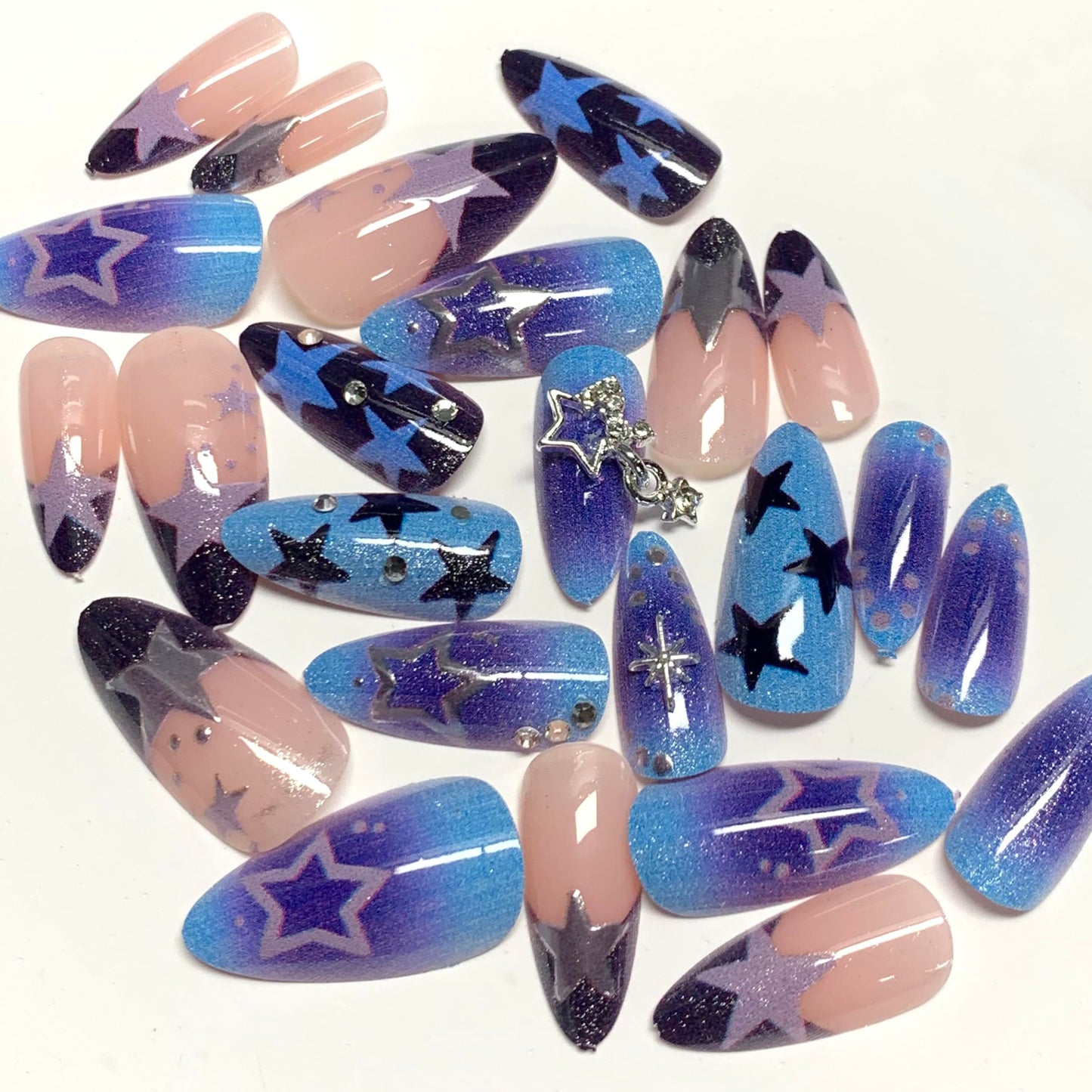 BABALAL Press on Nails, Almond Medium Fake Nails, Blue Black Y2k, Silver Star Print, Gothic French Tip Reusable Bling Glue on False Nails 24Pcs