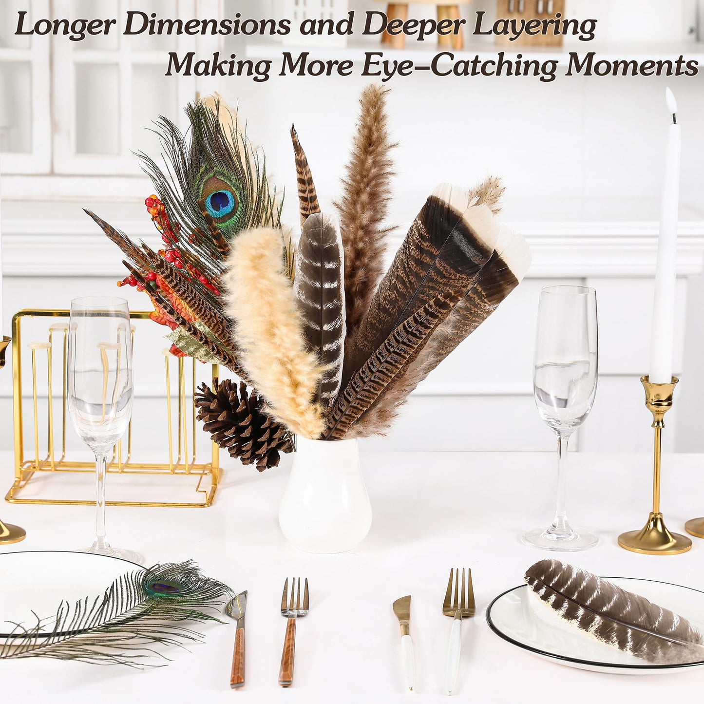 Ballinger Large Natural Pheasant Feathers - 8-12inch 4 Styles 24Pcs Assorted Craft Feathers Bulk,Peacock Feathers, Pheasant Feathers,Turkey Feathers for Crafting Vase Hat Wedding Autumn Party Decor