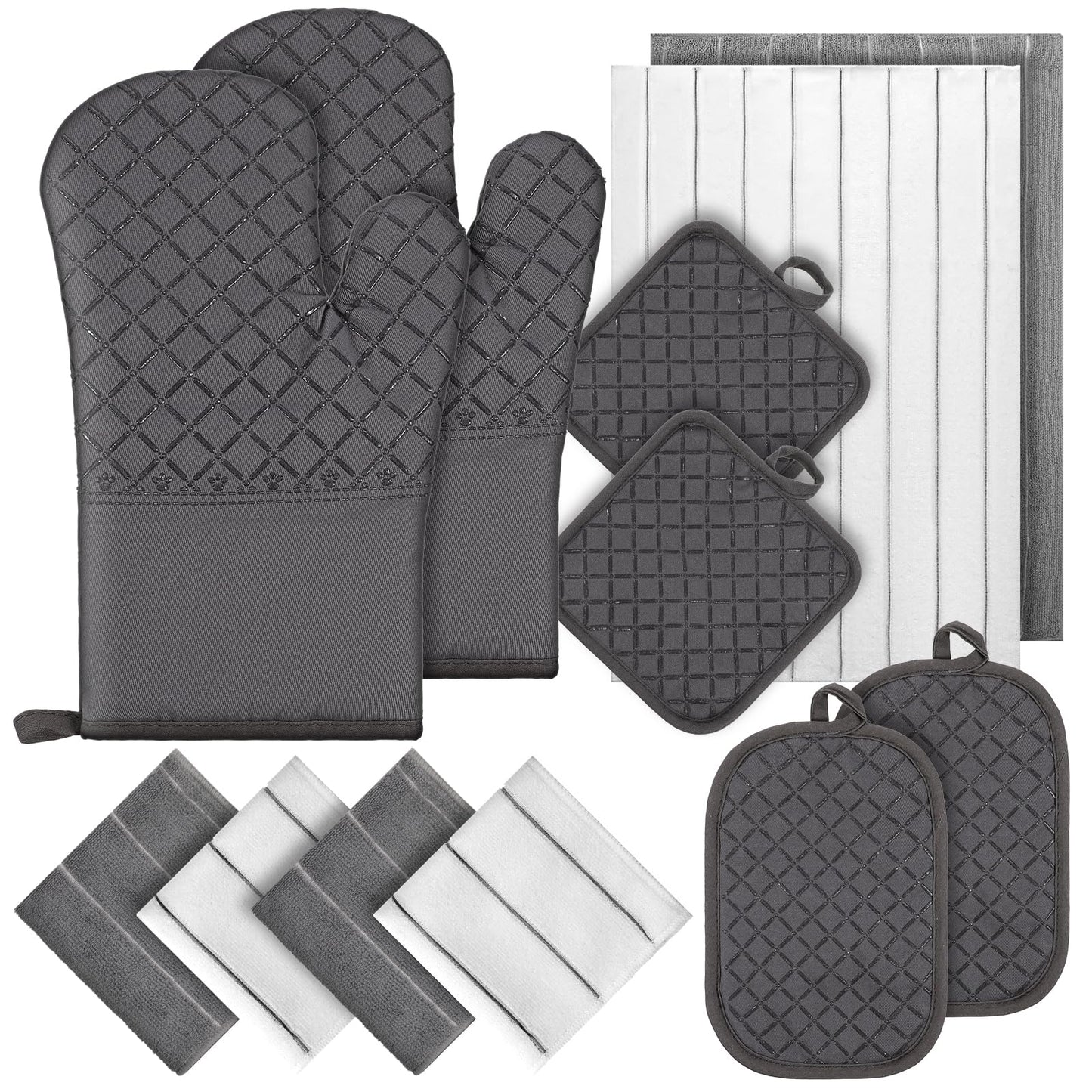 Oven Mitts Kitchen Towels Dishcloths with Pot Holders Sets 12pcs Dish Towels Sets Oven Gloves Pot Pads Heat Resistant 500 Degrees with Non-Slip Silicone Surface for Cooking Baking Grilling
