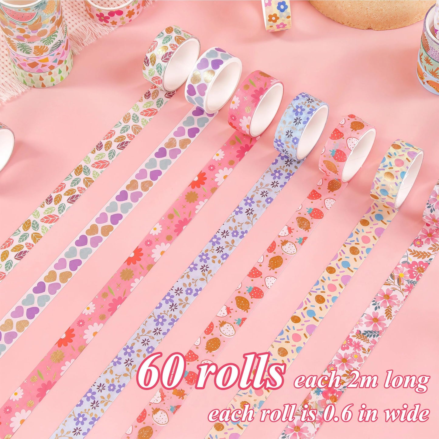 Sifaolp 60 Rolls Washi Tape Set, 15 mm Gold Foil Cute Pattern Floral Decorative for Journaling Supplies