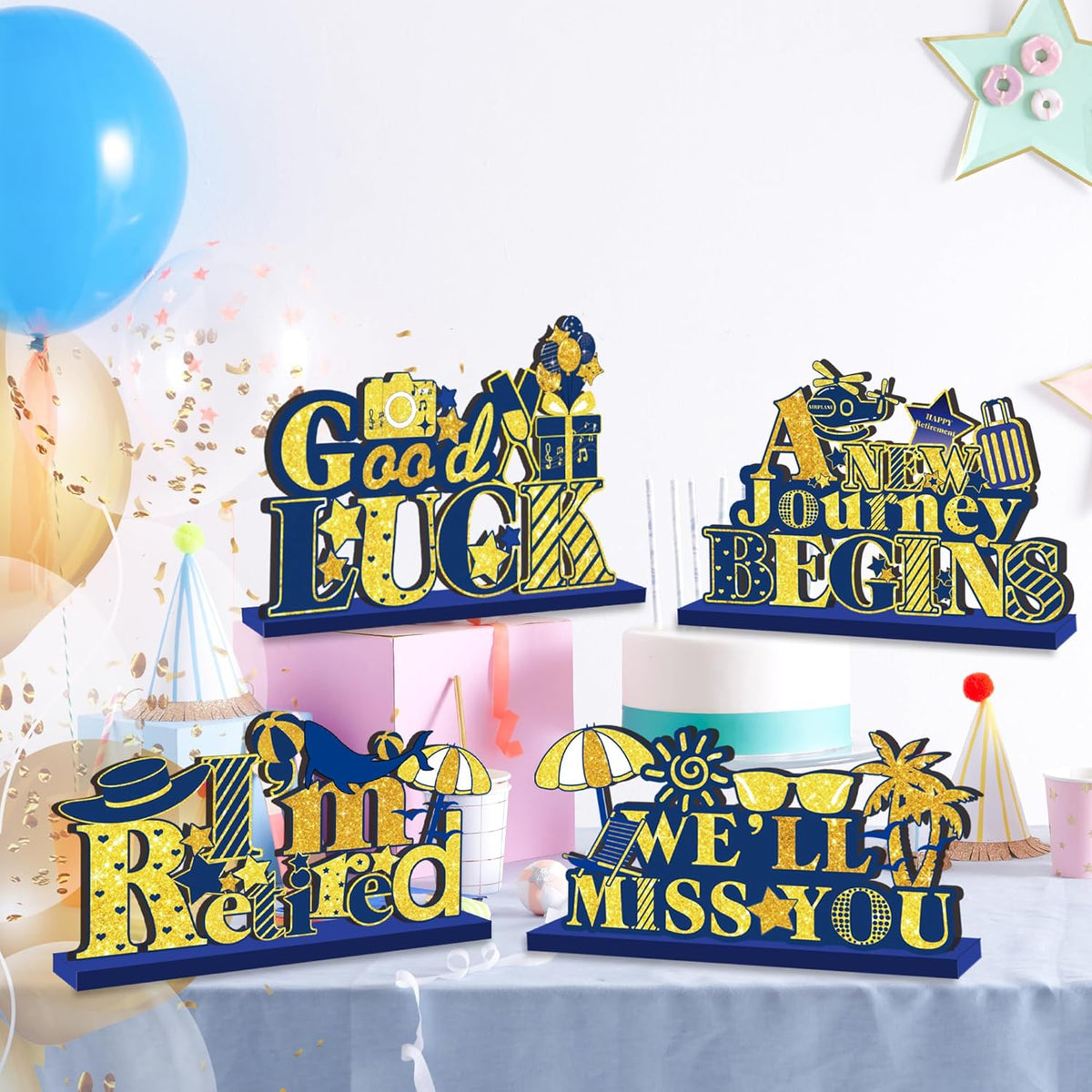 4Pcs Retirement Party Decorations Wooden Table Sign, Blue Gold Retirement Wooden Table Centerpieces Party Supplies, Retired Theme Farewell Sign, Retirements Gift We'll Miss You Decor (blue)