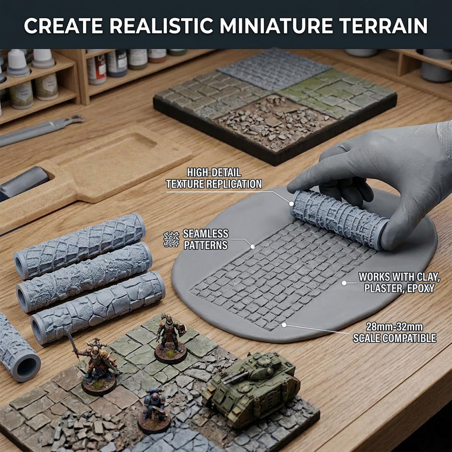 Warmtree 4 Pcs Terrain Texture Roller Set Polymer Clay Texture Roller for DIY Modeling Scenic Terrain Wall Road Model Miniatures Landscape