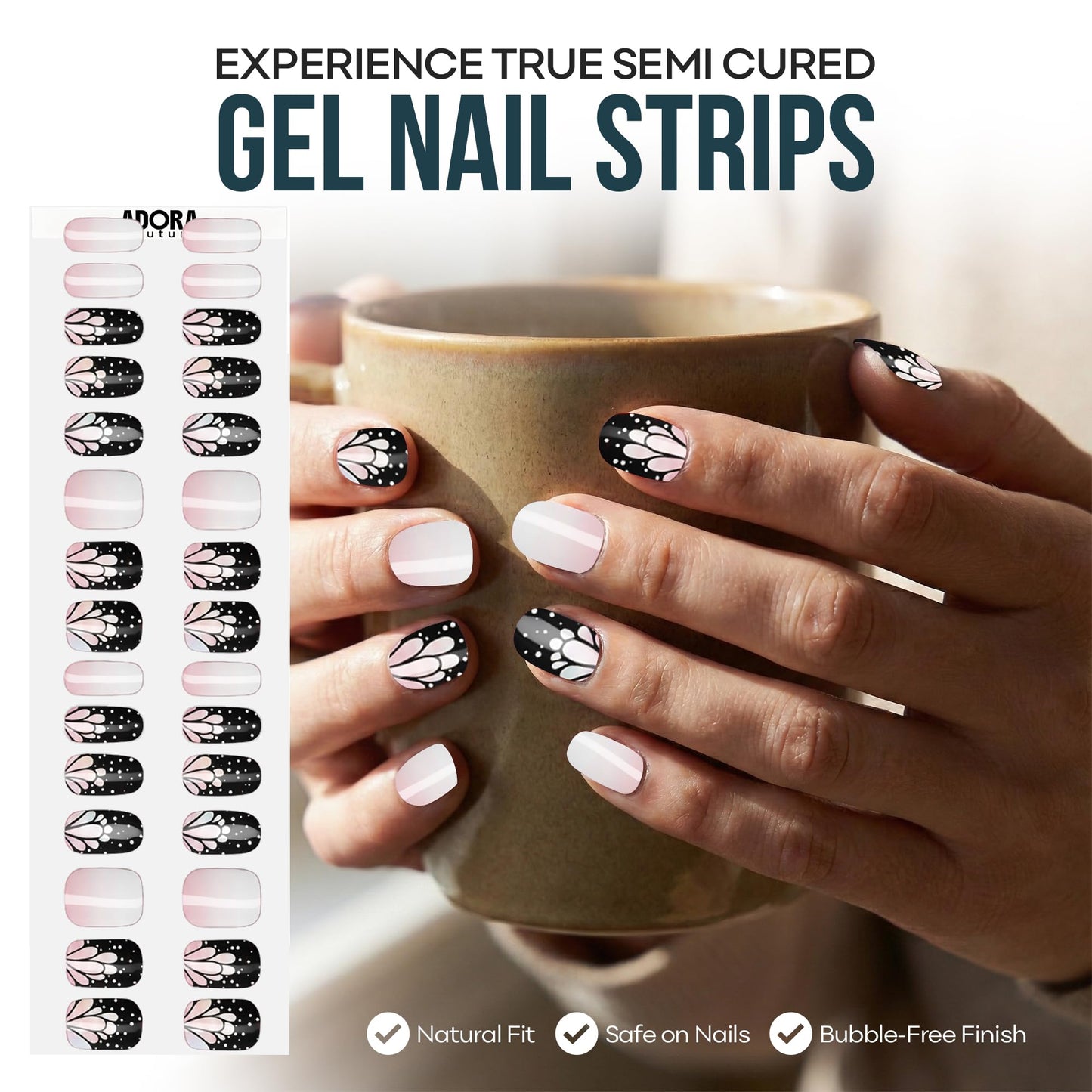 Adora Couture Semi Cured Gel Nail Strips with 30 Pieces - UV Gel Stickers, Manicure Kit, Easy Application Wraps Includes Prep Pads, Nail File, Wooden Stick - UV Light Required (Night Moth)