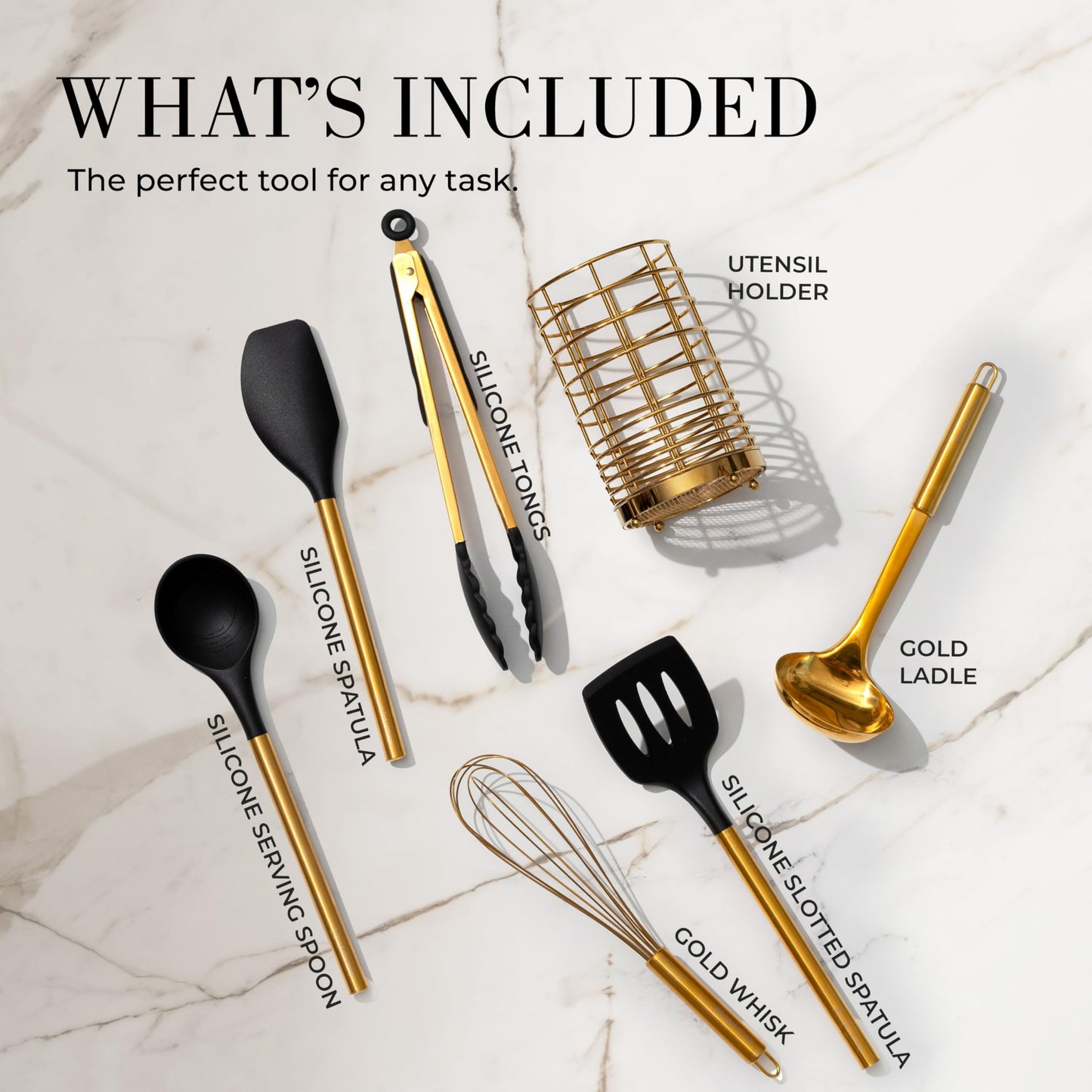 Black and Gold Kitchen Utensils Set - 7-Piece Silicone Cooking Tools with Gold Utensil Holder for Nonstick Cookware and Modern Kitchens - Stylish Luxury Kitchen Accessories