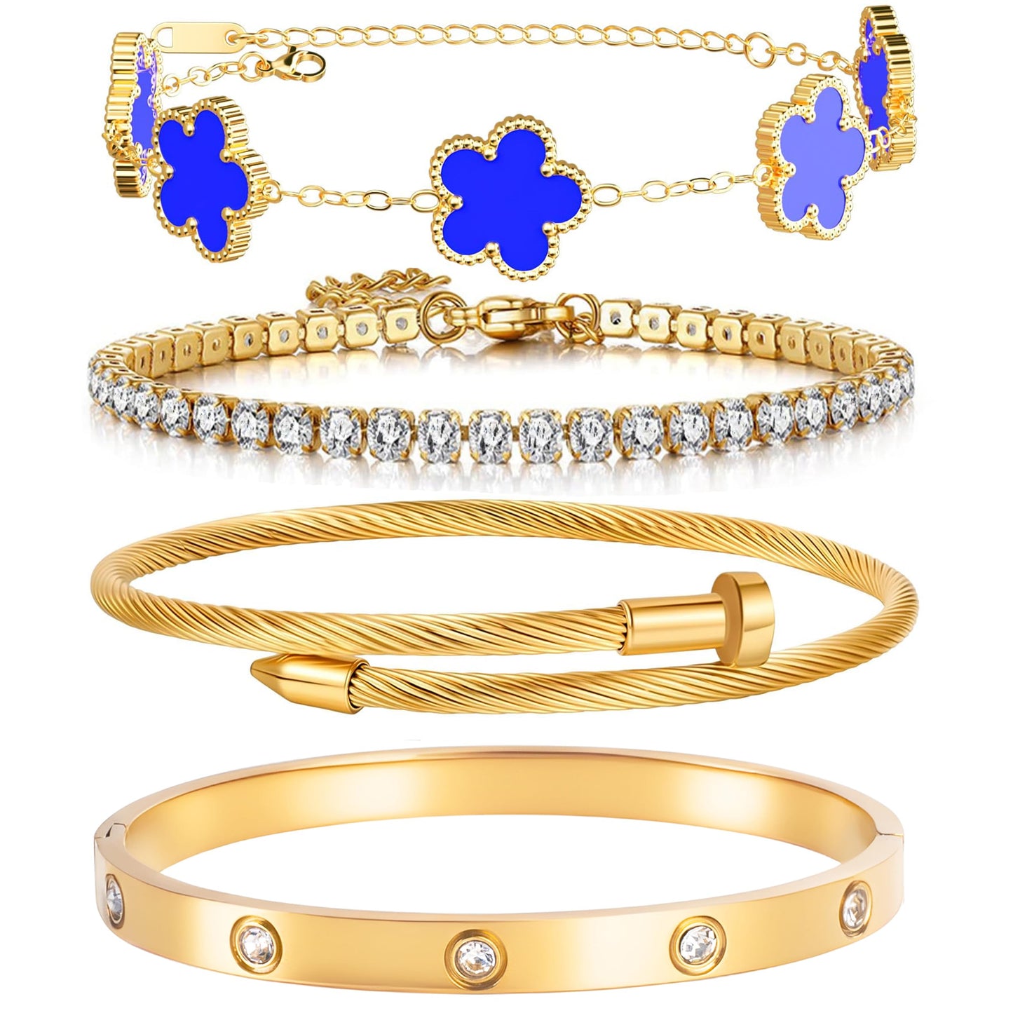Lamdo 18K Gold Plated Womens Stackable Floral Gold Clover Bracelets Set Love Bangle Bracelets Non Tarnish, Gold Bracelet Set Trendy Jewelry,Gifts for Women's Day and Mother's Day