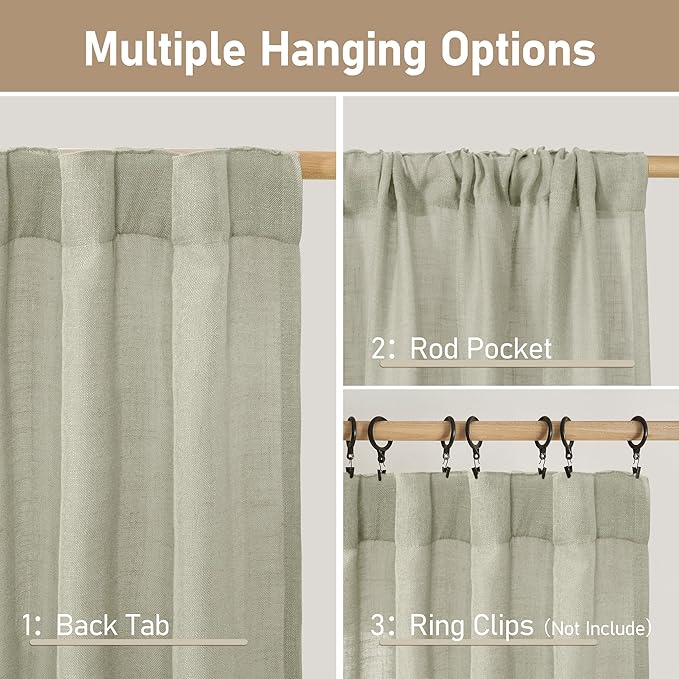 LAMIT Sage Grey Linen Curtains 24 Inch Length for Cafe, Semi Sheer Light Filtering Panels Back Tab and Rod Pocket Small Window Drapes for Basement, 2 Panels, 34 x 24 Inch