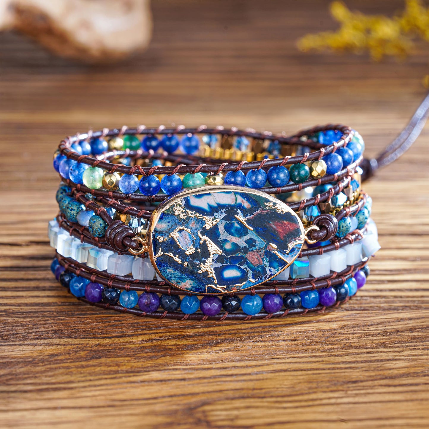 Handmade Imperial Jasper Leather Wrap Bracelet for Women Men, Boho Multi-Layer Natural Stone Beaded Strand Bracelets, Adjustable Spiritual Healing Crystal Bangle, Unique Vacation Statement Jewelry Gift